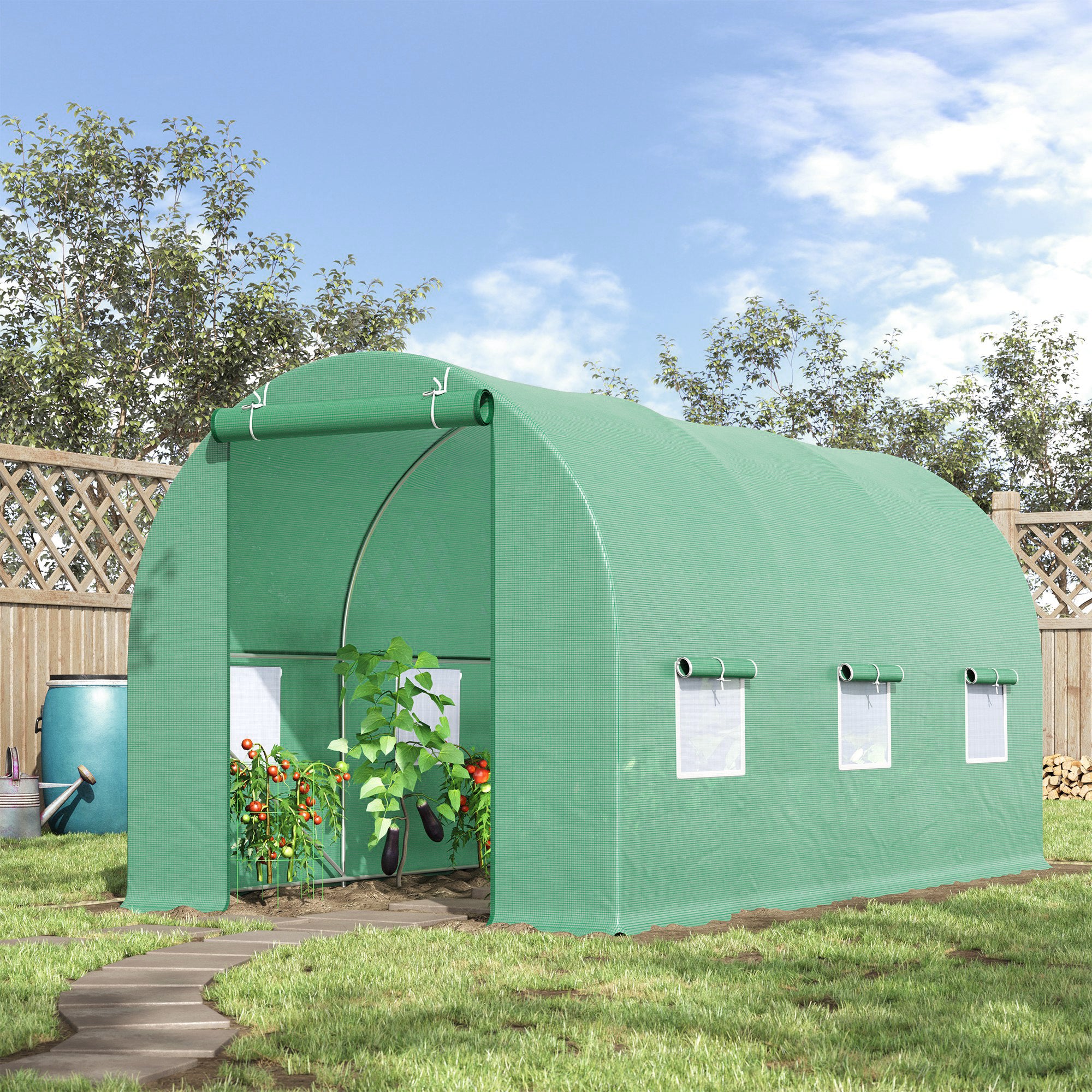 Outsunny 4.5m x 2m x 2m Walk-in Tunnel Greenhouse Garden Plant Growing House with Door and Ventilation Window, Green - anydaydirect