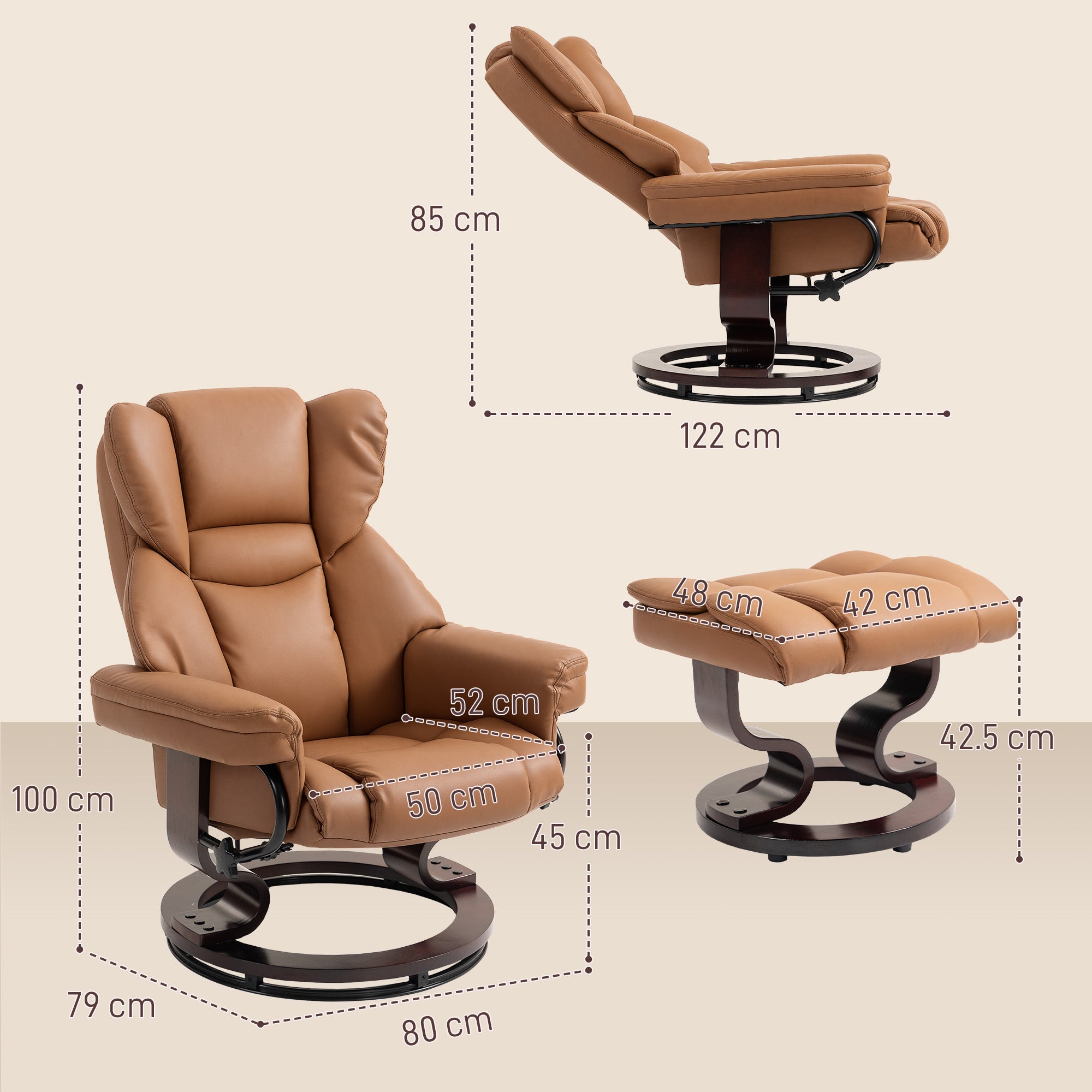 HOMCOM Faux Leather Reclining Chair and Footstool - Brown - anydaydirect