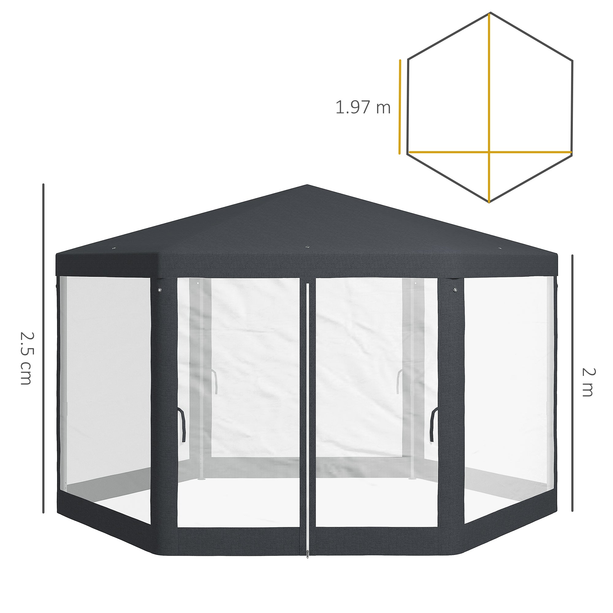 Outsunny 4M Hexagon Gazebo, Netting Party Tent, Patio Canopy Outdoor Event Shelter for Activities, Shade Resistant, Dark Grey - anydaydirect
