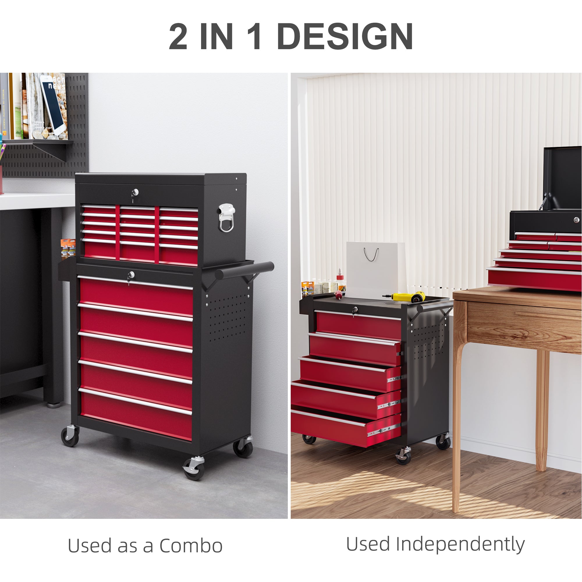 HOMCOM 14 Drawer, Two-Part Tool Storage Chest on Wheels - Red - anydaydirect
