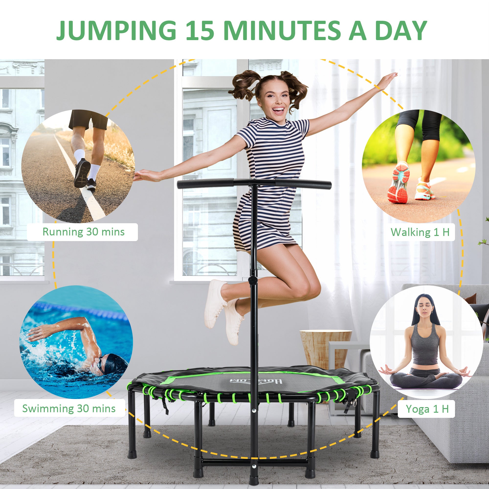 HOMCOM 48" Octagonal Mini Fitness Rebounder Trampoline Indoor Outdoor Foldable Mini Jumper with Adjustable Handle, Green - anydaydirect