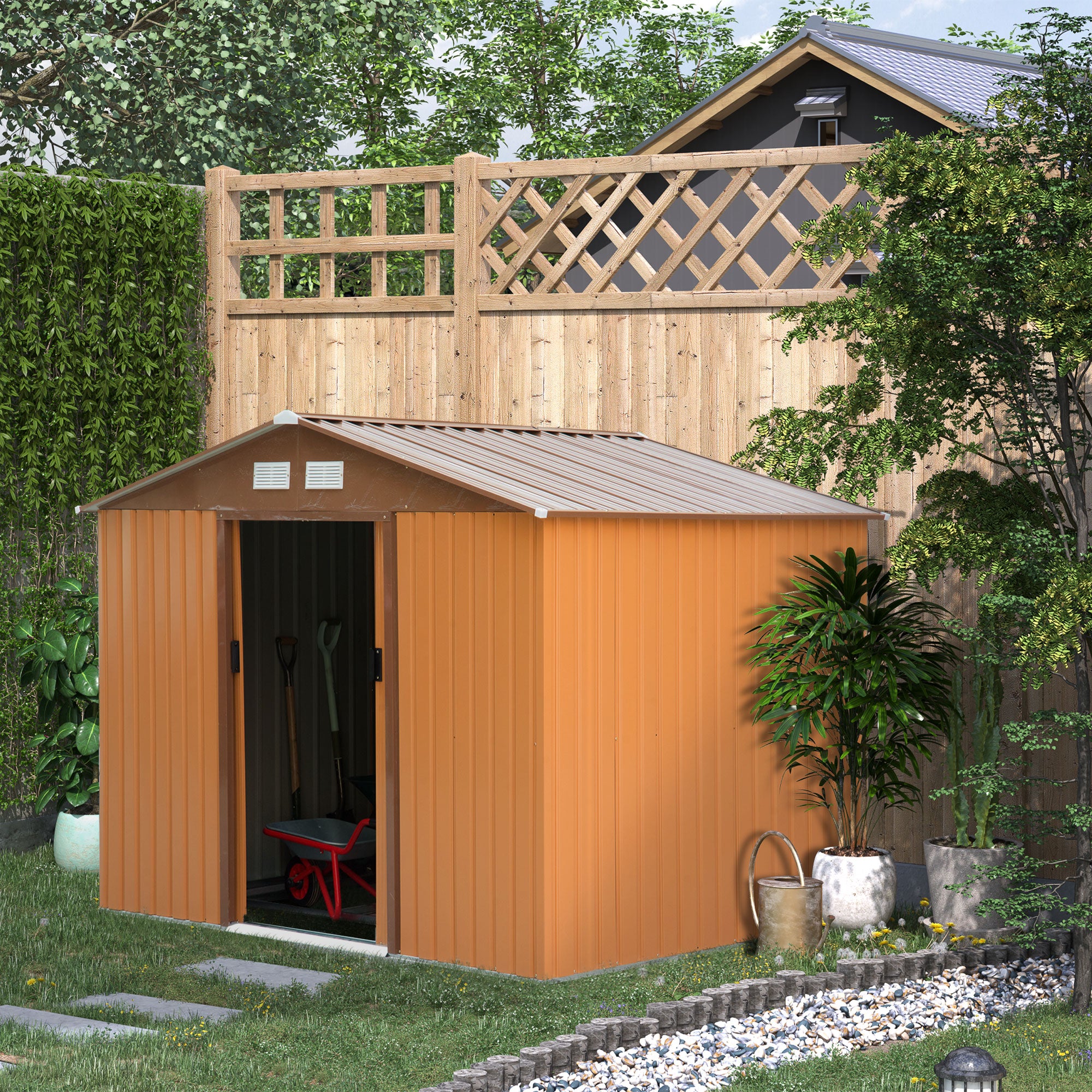 Outsunny 9 x 6FT Garden Metal Storage Shed Outdoor Storage Shed with Foundation Ventilation & Doors, Yellow - anydaydirect