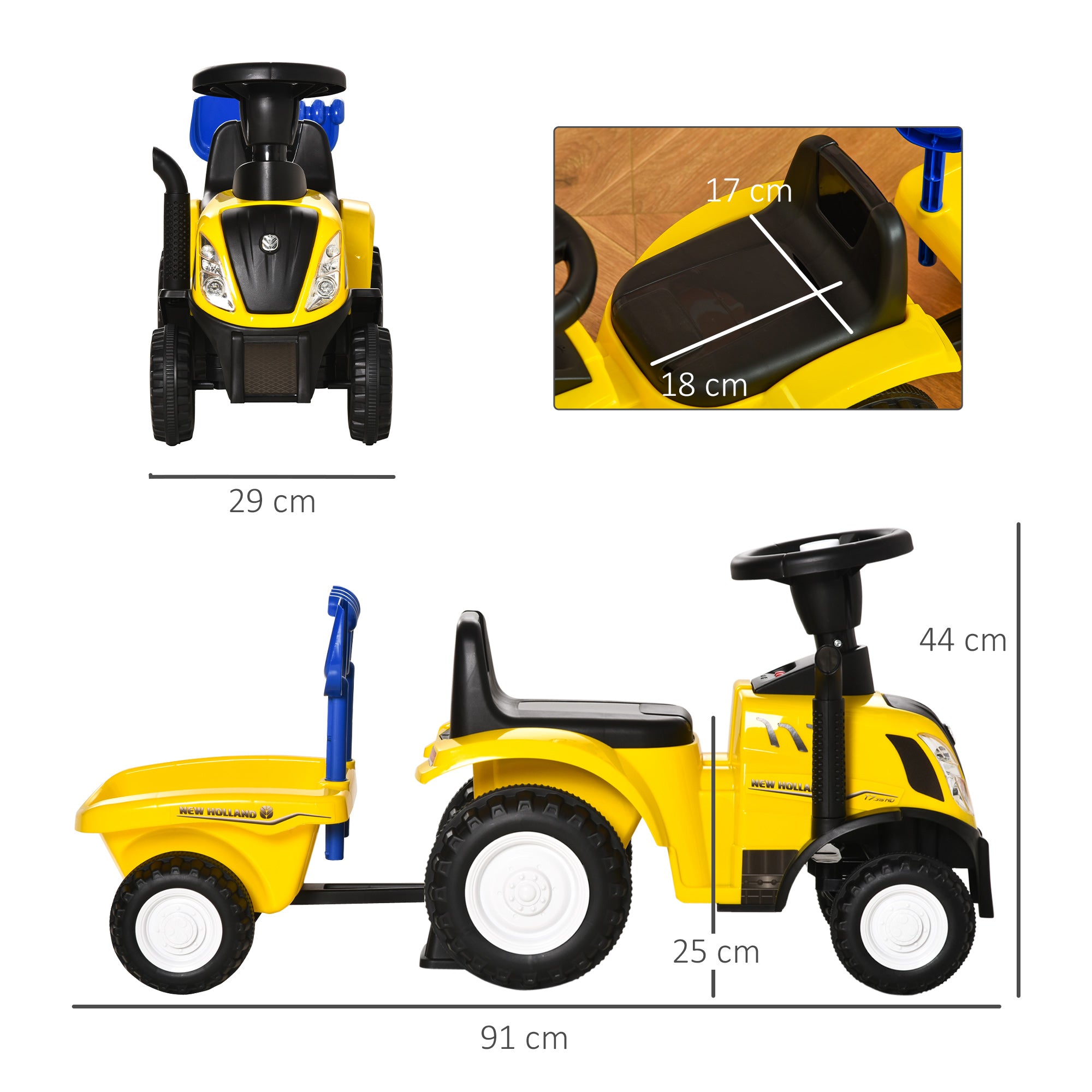 HOMCOM Compatible Baby Toddler Sliding Car NEW HOLLAND Licensed Foot to Floor Slider w/ Horn Storage Steering Wheel for 12-36 Months Yellow - anydaydirect