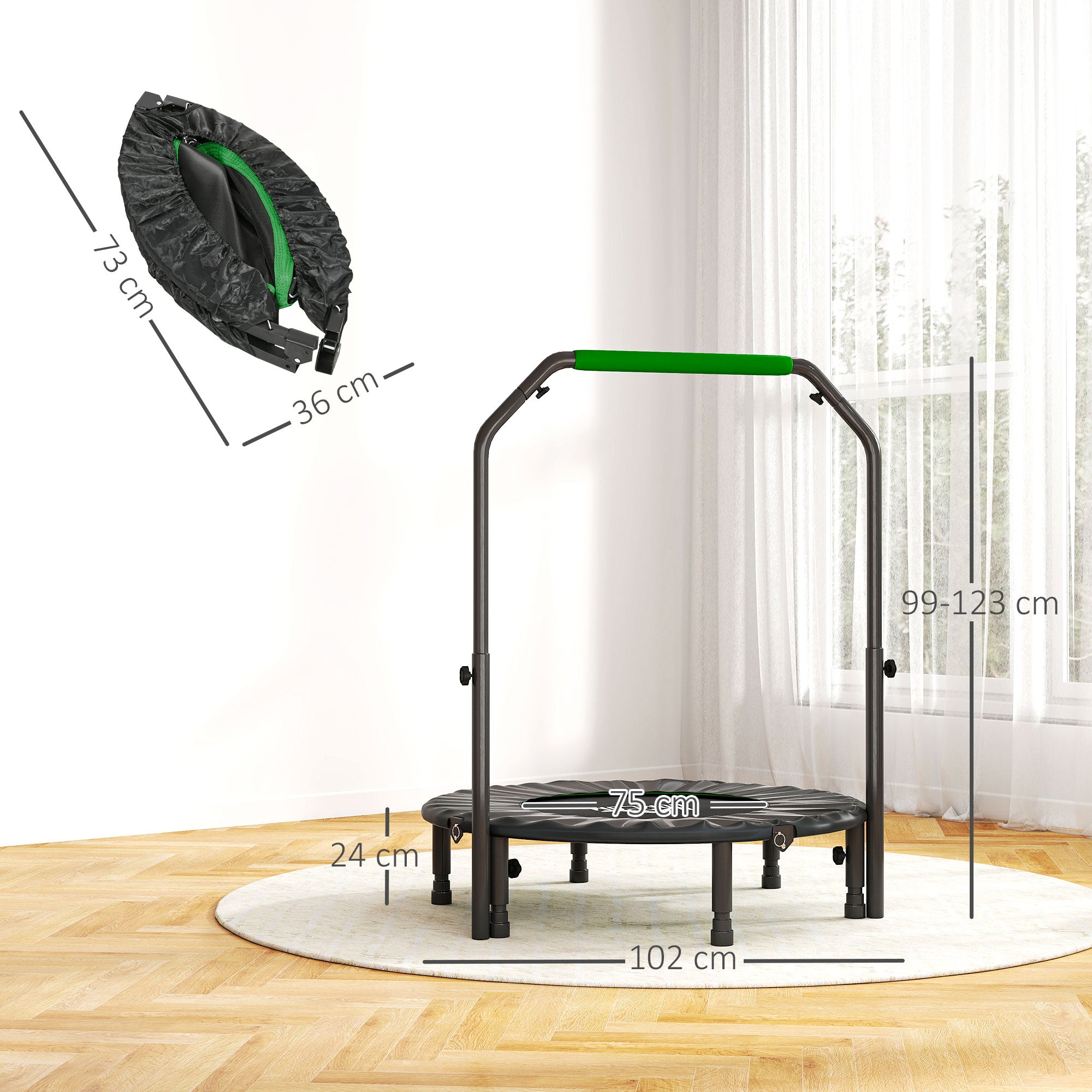 HOMCOM 40" Foldable Mini Fitness Trampoline, with Adjustable Foam Handle, Green - anydaydirect