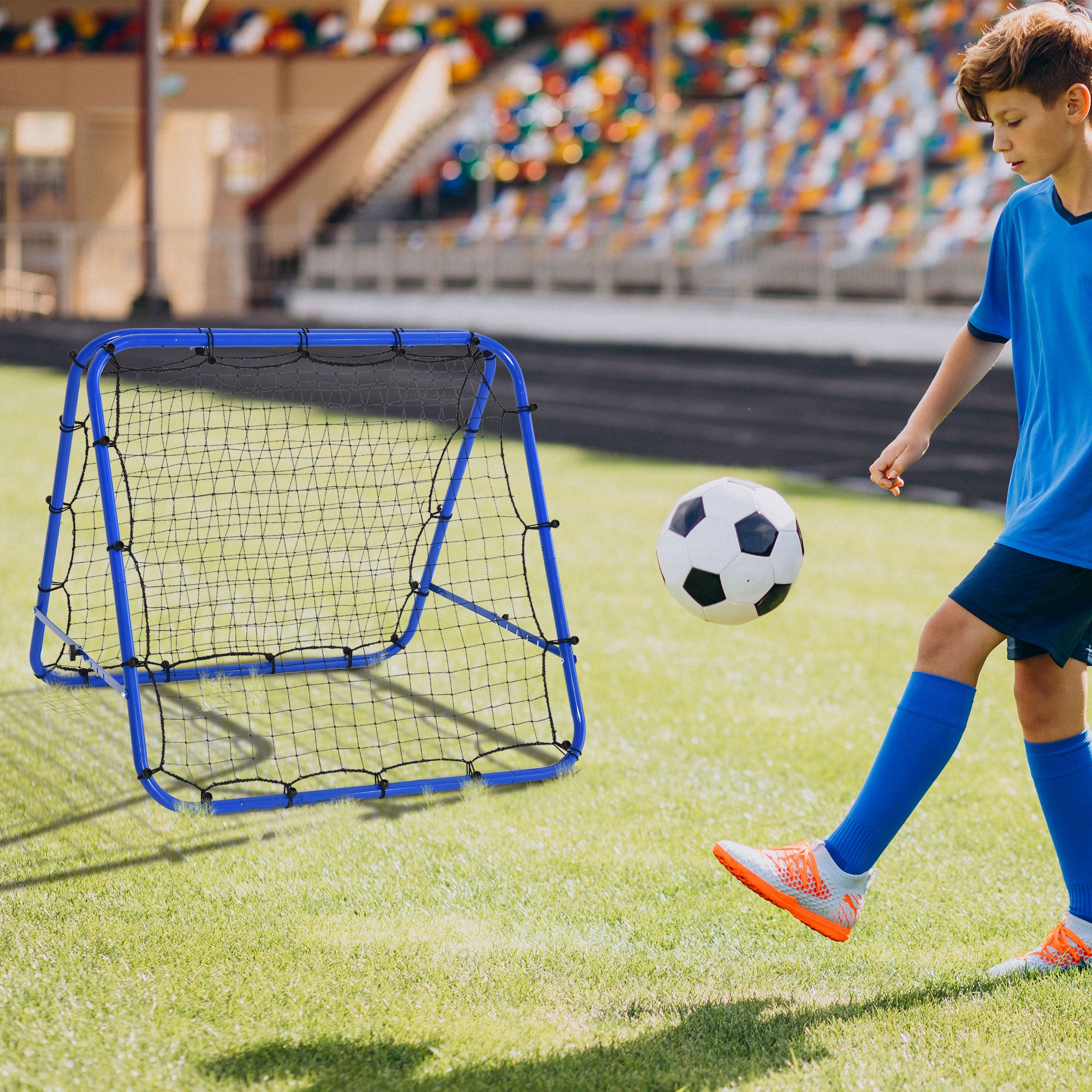 HOMCOM Double Sided Football Rebounder Net, Football Rebound Goal with Five Adjustable Angles, Blue - anydaydirect