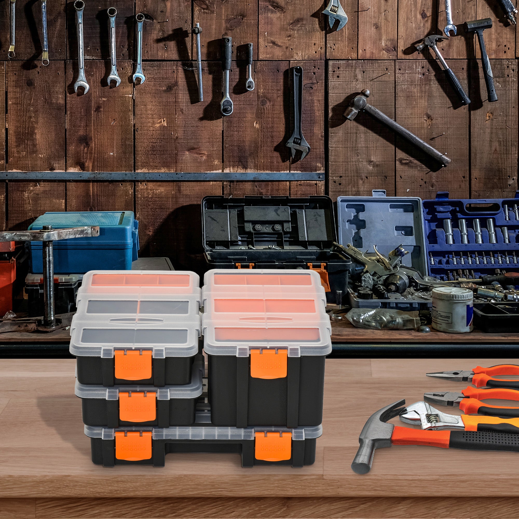 DURHAND Set Of 4 Plastic DIY Tool Storage Boxes w/ Inside Dividers Locking Lids Home Garage Organisation Stacking Arts Crafts Bolts Black Orange - anydaydirect