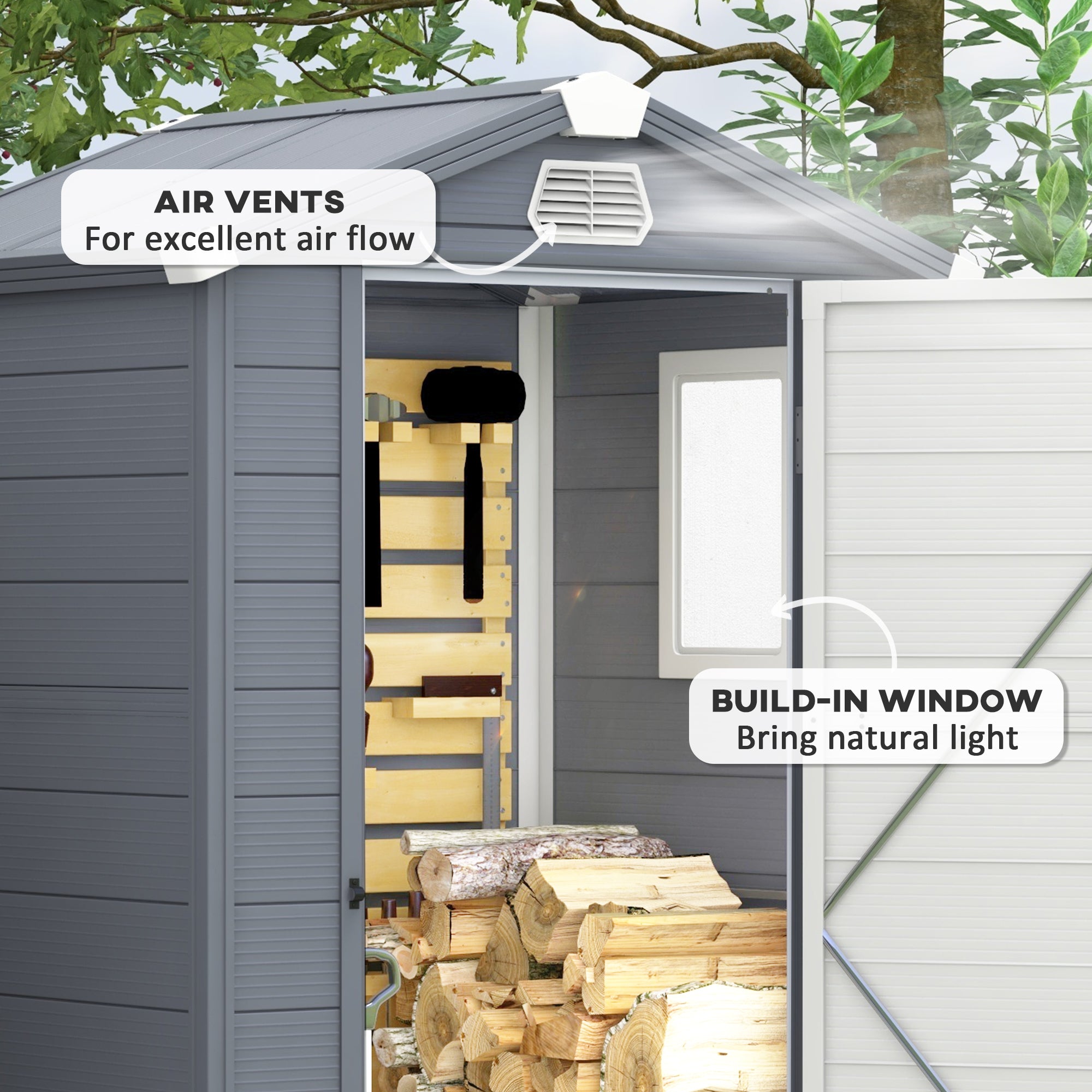 Outsunny 4 x 3ft Garden Shed with Foundation Kit, Polypropylene Outdoor Storage Tool House with Ventilation Slots and Lockable Door, Grey - anydaydirect
