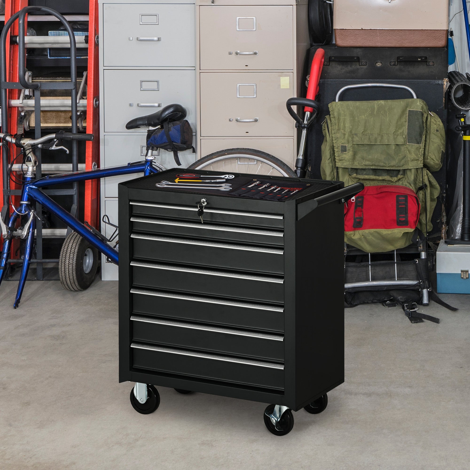 DURHAND 7-Drawer Rolling Tool Chest on Wheels, Lockable Tool Cabinet with Side Handle, Metal Tool Box Trolley for Garage, Workshop, Matte Black - anydaydirect