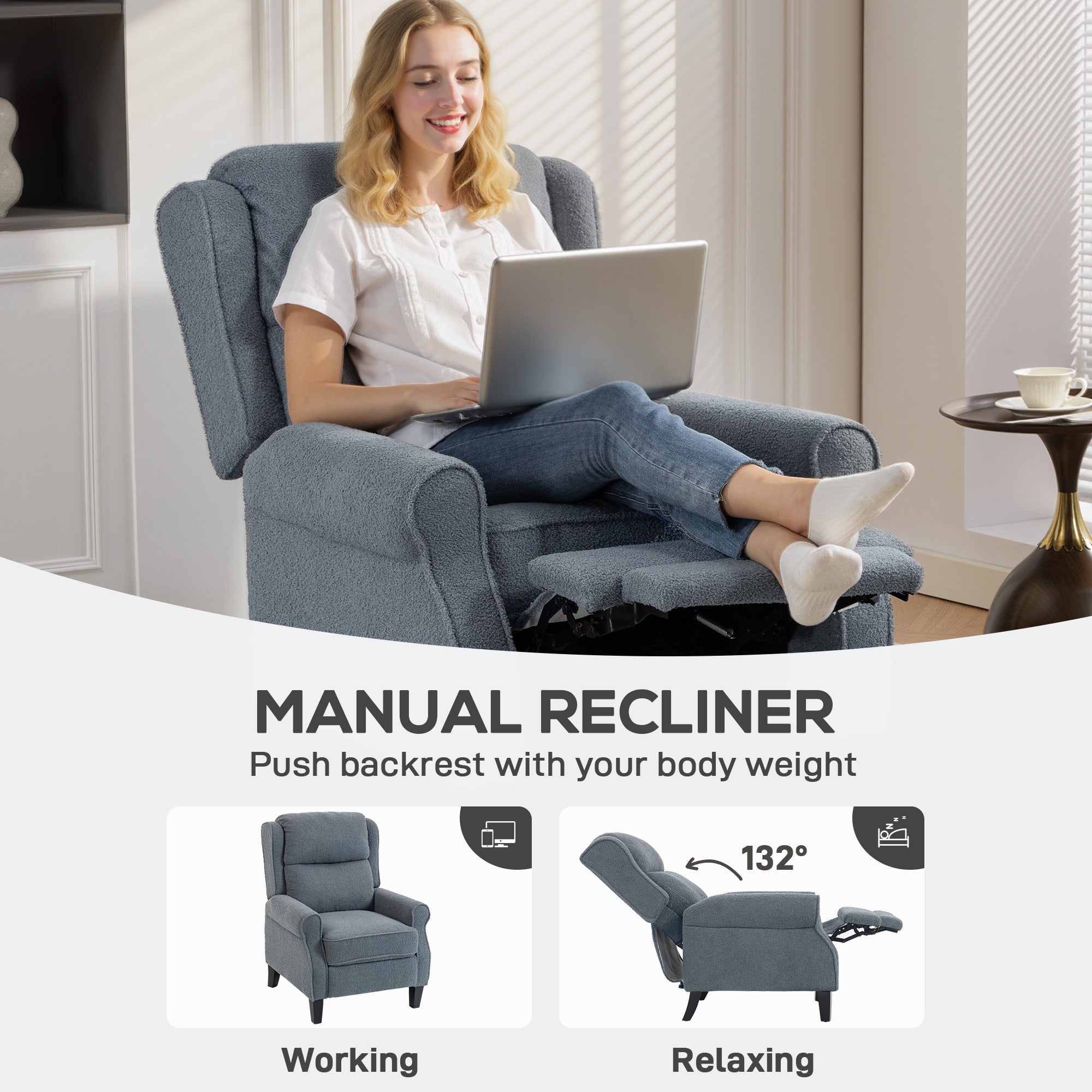 HOMCOM Recliner Armchair with Extended Leg Rest - Grey - anydaydirect