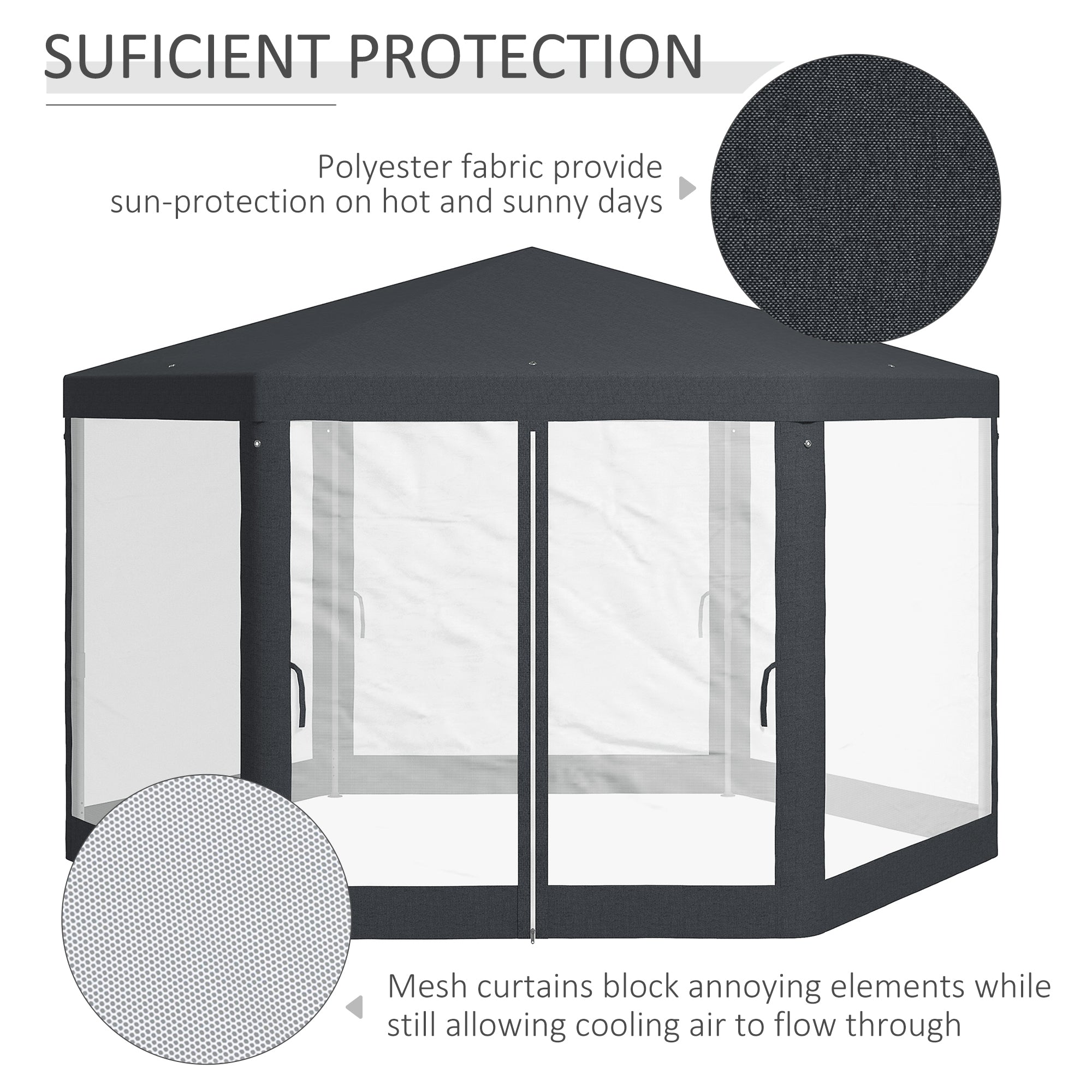 Outsunny 4M Hexagon Gazebo, Netting Party Tent, Patio Canopy Outdoor Event Shelter for Activities, Shade Resistant, Dark Grey - anydaydirect
