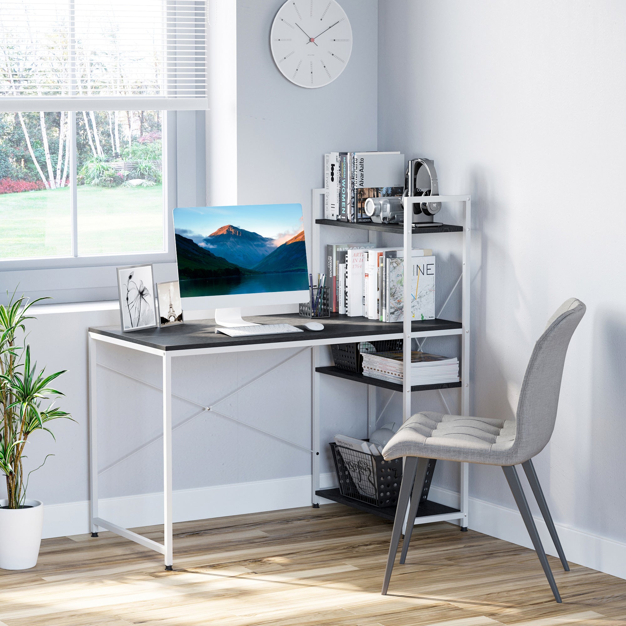 HOMCOM Computer Desk with Storage Shelves on Left or Right, Industrial Reversible Writing Desk for Home Office, Study, Easy Assembly, 120 x 64 x 121cm, Black and White - anydaydirect