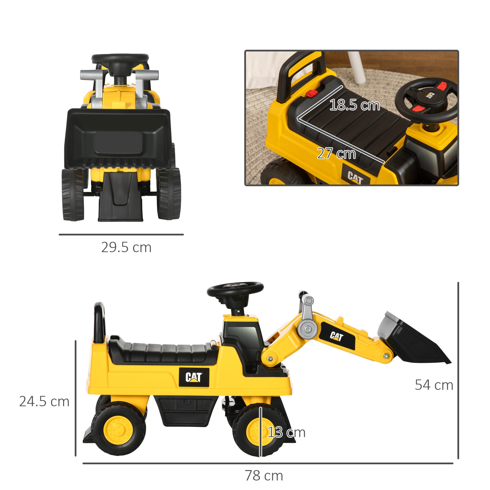 HOMCOM CAT Licensed Construction Digger Ride-On for Kids, Manual Bucket & Under Seat Storage, Yellow - anydaydirect