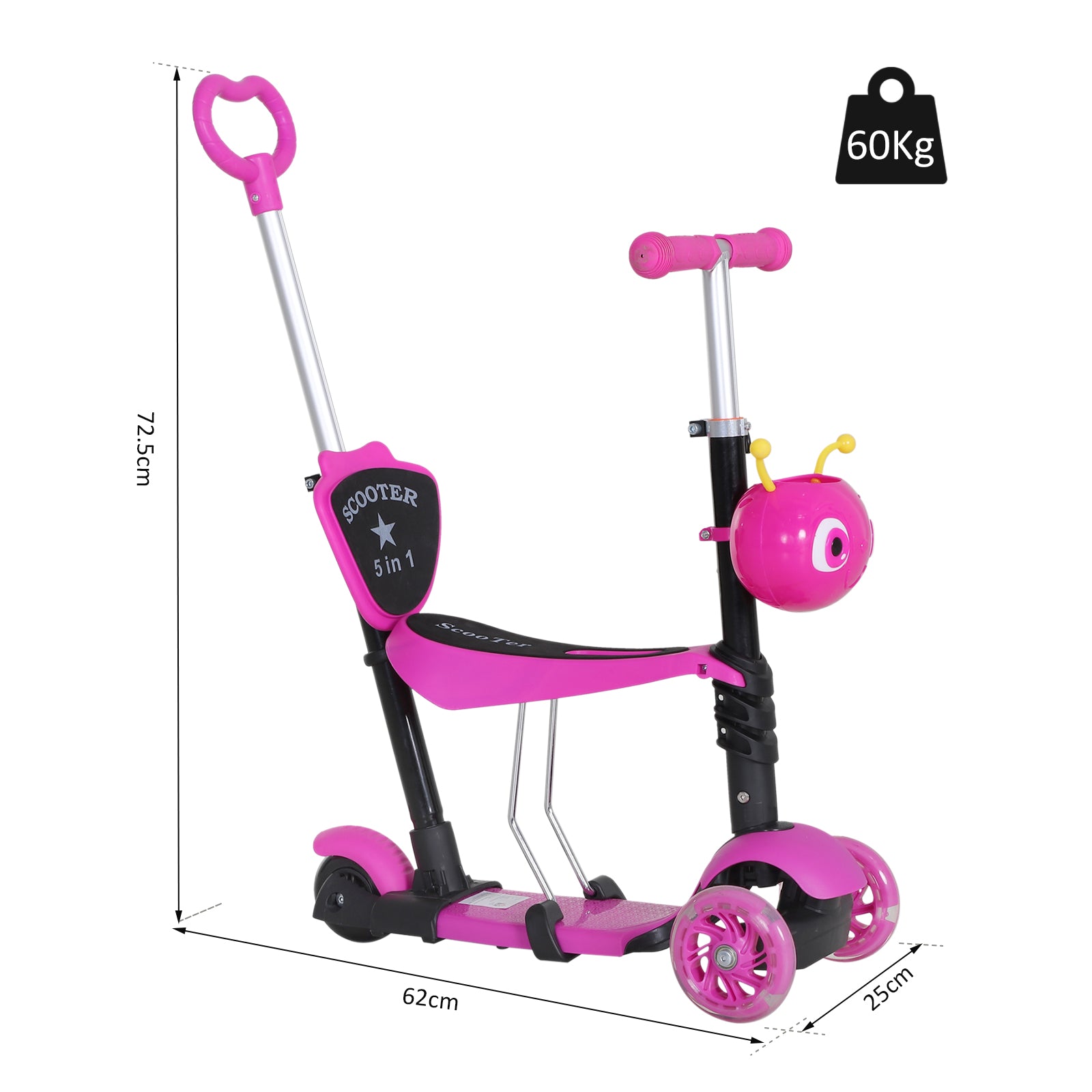 HOMCOM 5-in-1 Kids Toddler 3 Wheels Mini Kick Scooter Push Walker with Removable Seat & Back Rest for Girls and Boys Pink - anydaydirect