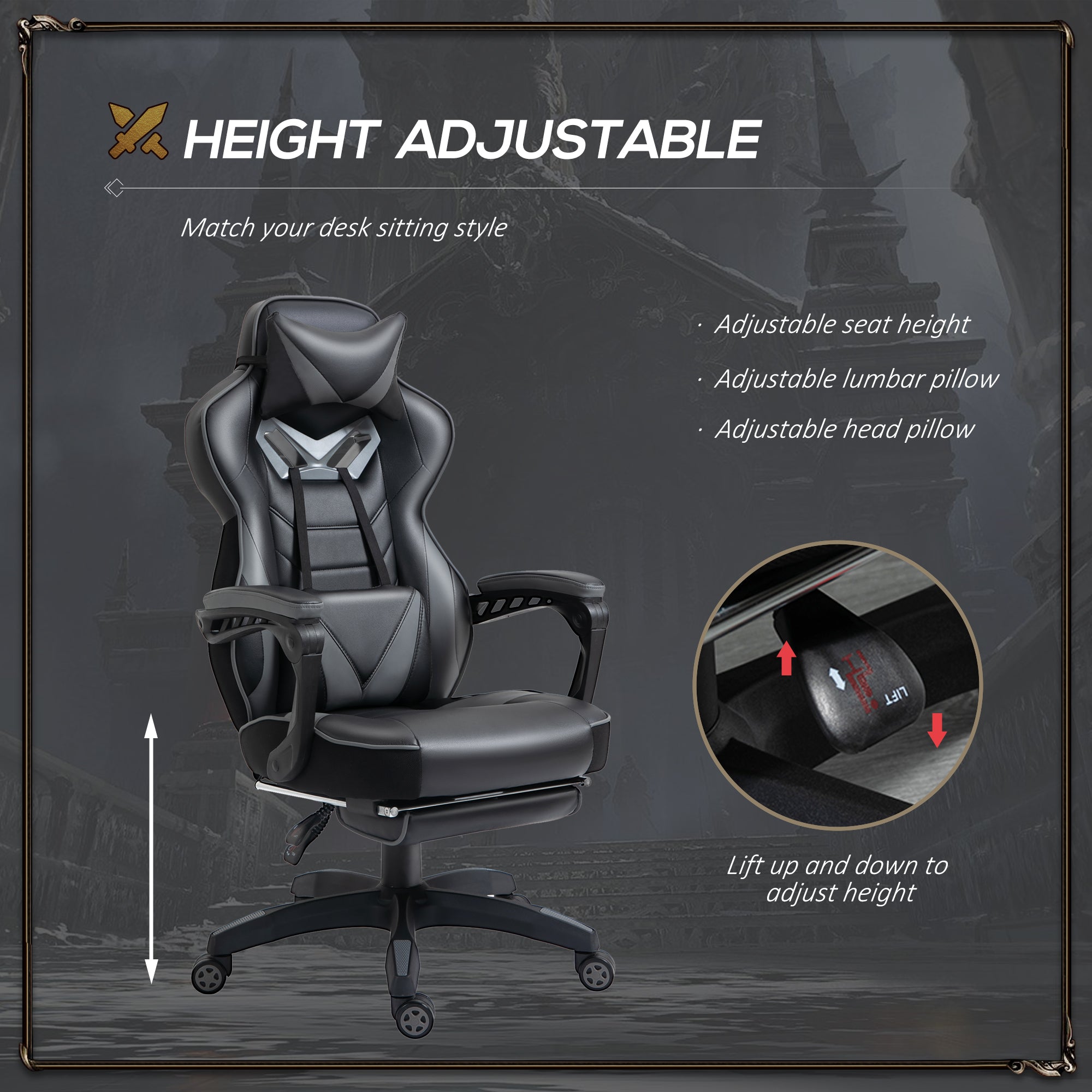 Vinsetto Computer Gaming Chair, Racing Desk Chair with Lumbar Support and Footrest, PU Leather Gamer Chair with Headrest and Swivel Wheels for Home, Grey - anydaydirect