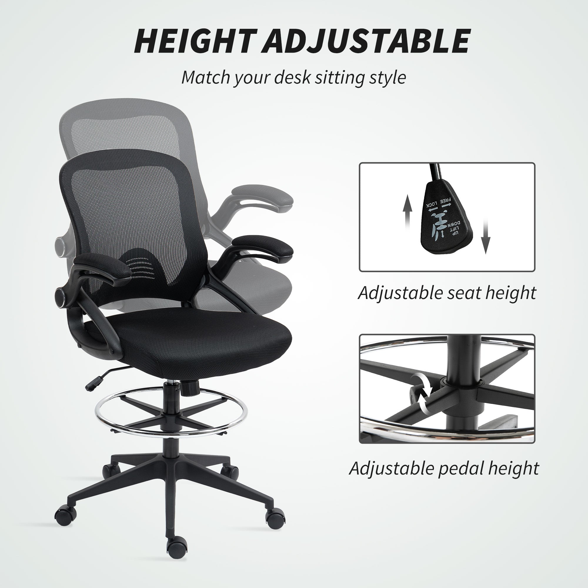Vinsetto Drafting Chair with Flip-up Armrest, Mesh Office Stool with Foot Ring, 360° Swivel Height Adjustable Chair for Standing Desk, Black - anydaydirect