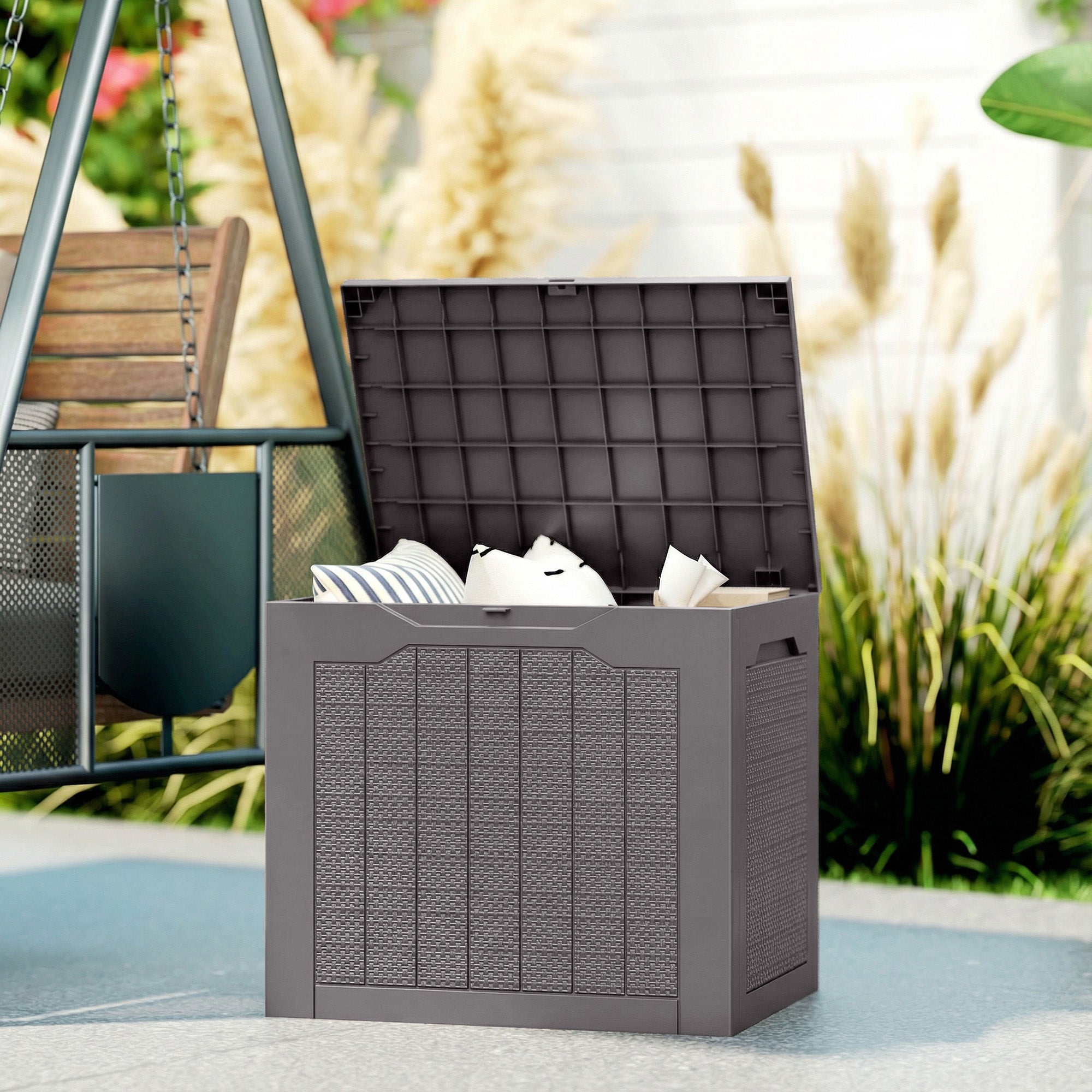 Outsunny 93L Plastic Garden Storage Box, Outdoor Storage Box with Handles, Waterproof Outdoor Storage Container, Brown - anydaydirect