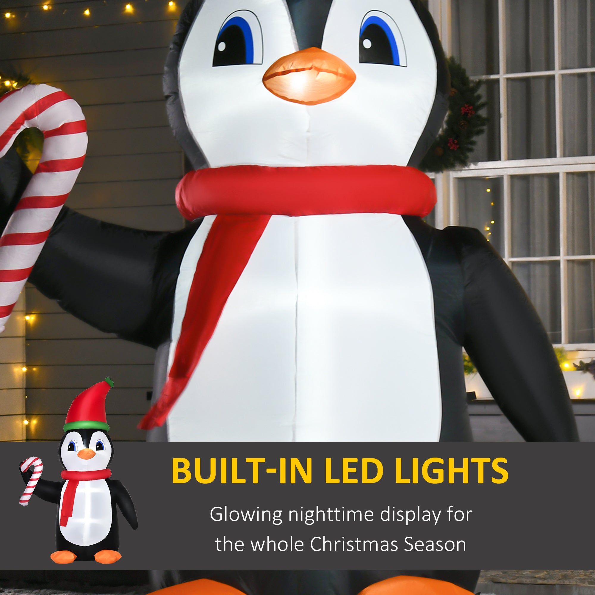 HOMCOM 2.5m Inflatable Christmas Penguin Holding Candy Cane Blow Up Outdoor Decoration with LED Lights for Holiday - anydaydirect