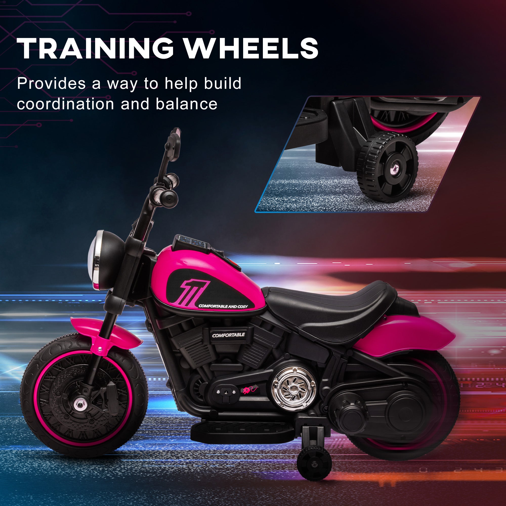 HOMCOM Kids' Electric Motorbike: 6V Ride-On with Training Wheels & Push-Start, Pretty in Pink - anydaydirect