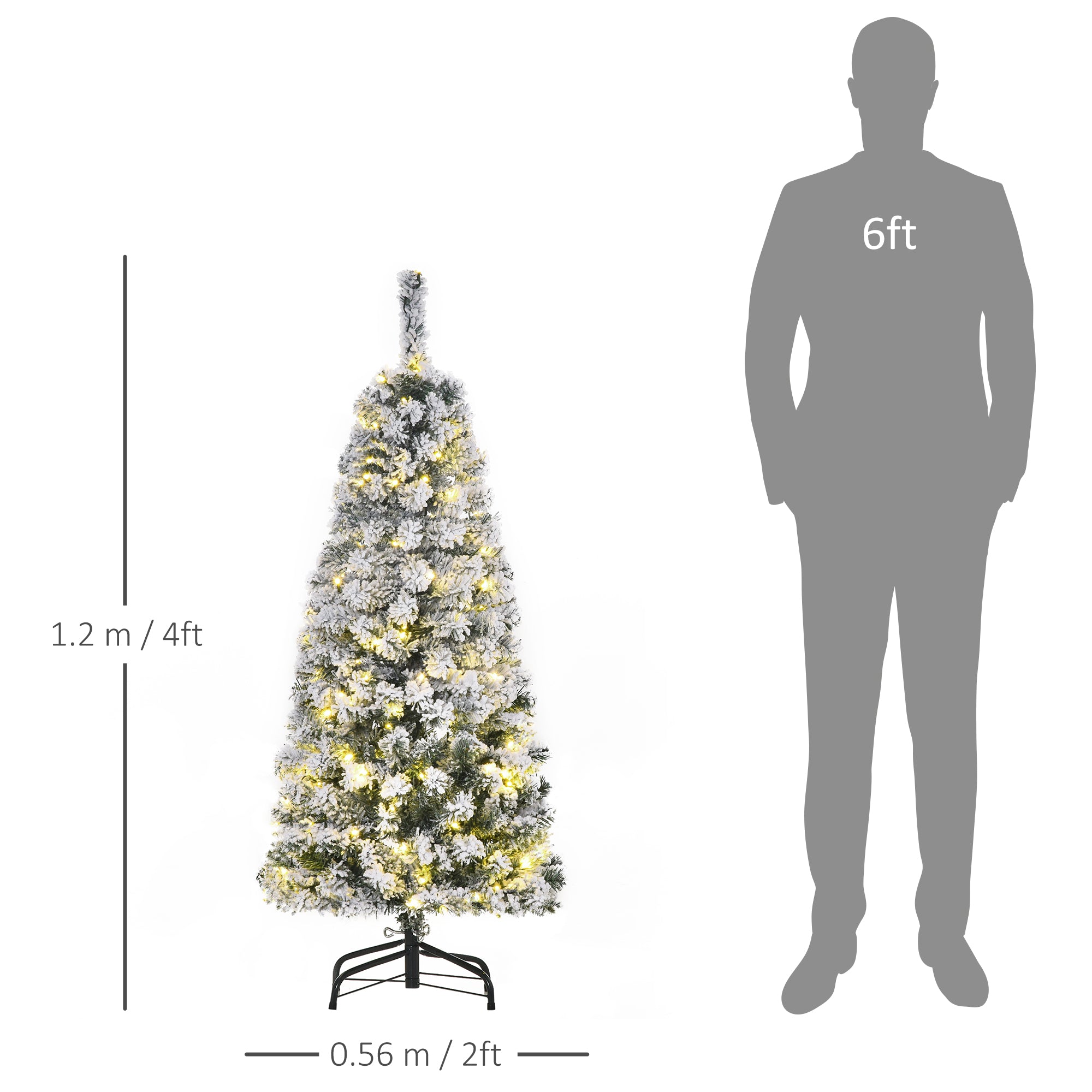 HOMCOM 4ft Prelit Artificial Snow Flocked Christmas Tree with Warm White LED Light, Holiday Home Xmas Decoration, Green White - anydaydirect