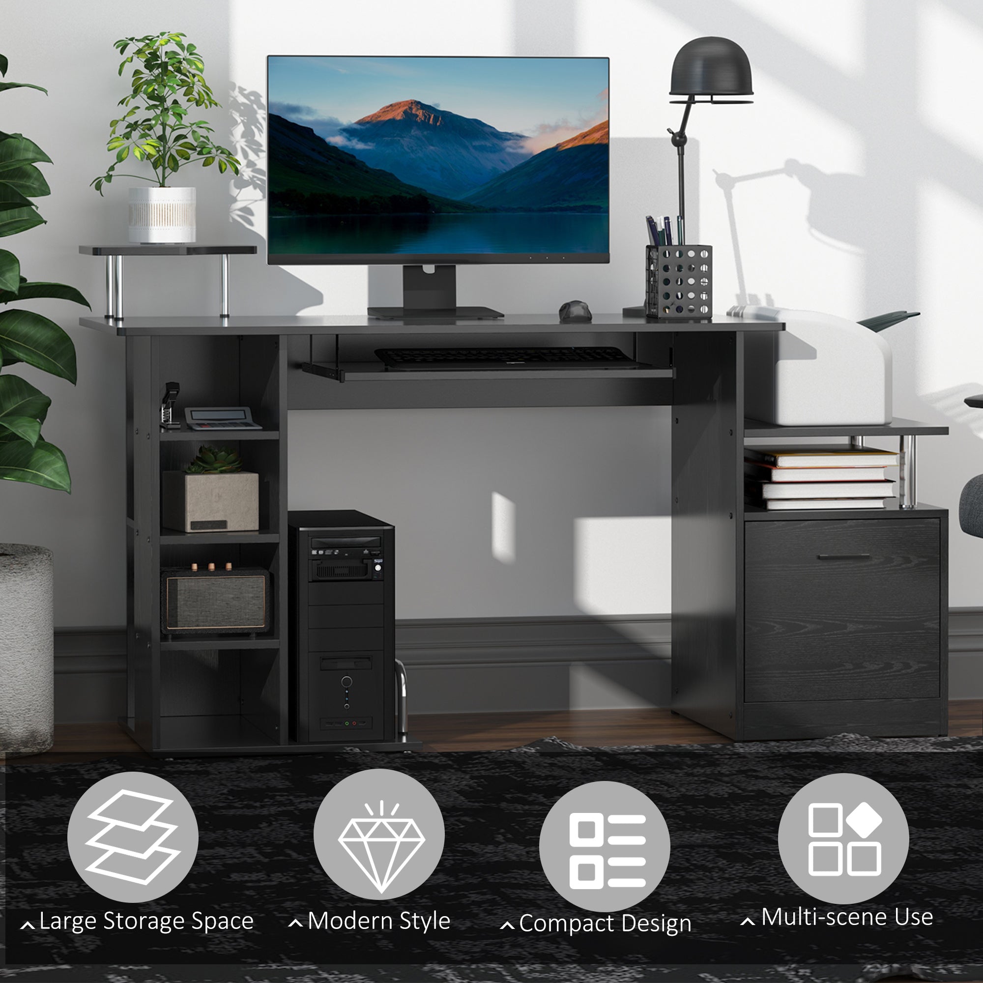 HOMCOM Computer Desk PC Workstation with Drawer Shelves CPU Storage Rack Home Office Furniture 152 x 60 x 88cm (BLACK) - anydaydirect