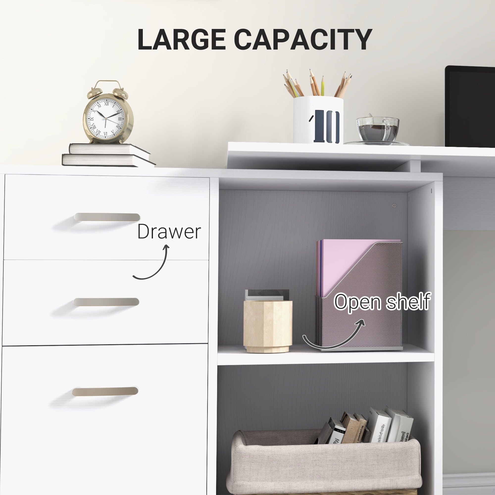 HOMCOM L Shaped Computer Desk, Reversible Home Office Desk with Drawers, File Cabinet and Storage Shelves, Study Table, 117 x 83.5 x 76cm, White - anydaydirect