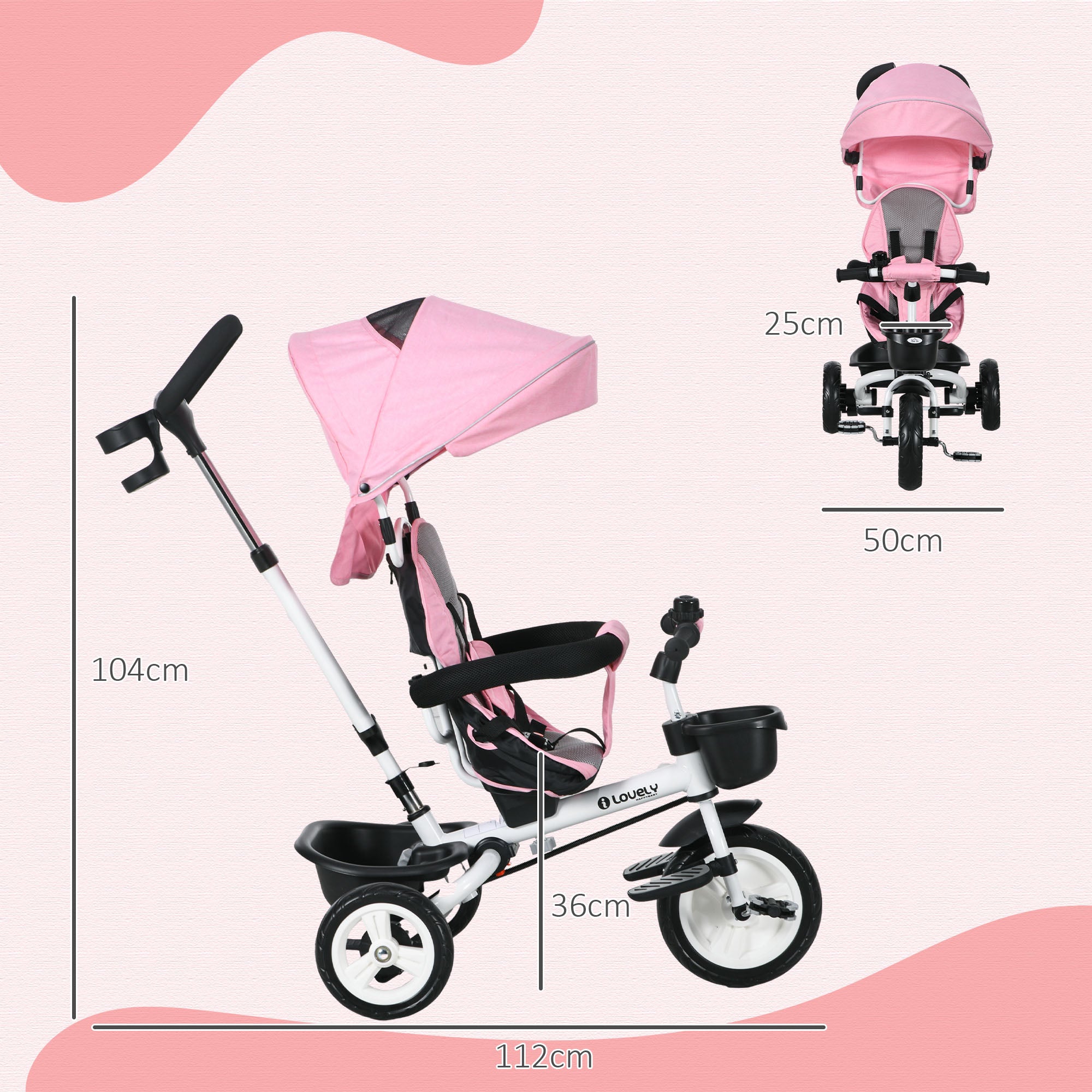 HOMCOM Metal Frame 4 in 1 Baby Push Tricycle with Parent Handle for 1-5 Years Old, Pink - anydaydirect