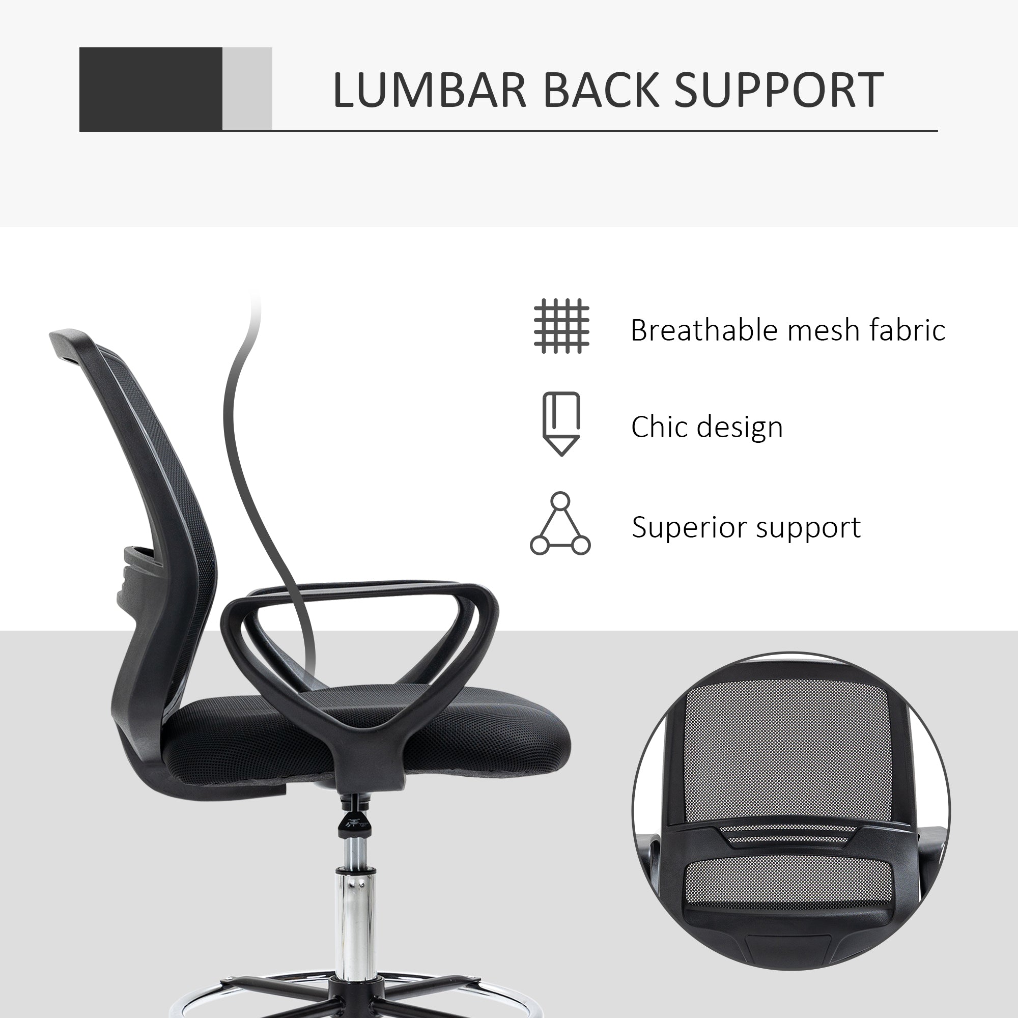 Vinsetto Ergonomic Mesh Back Drafting Chair, Tall Office Chair, Draughtsman Chair with Adjustable Height and Footrest 360° Swivel, Set of 5 - anydaydirect