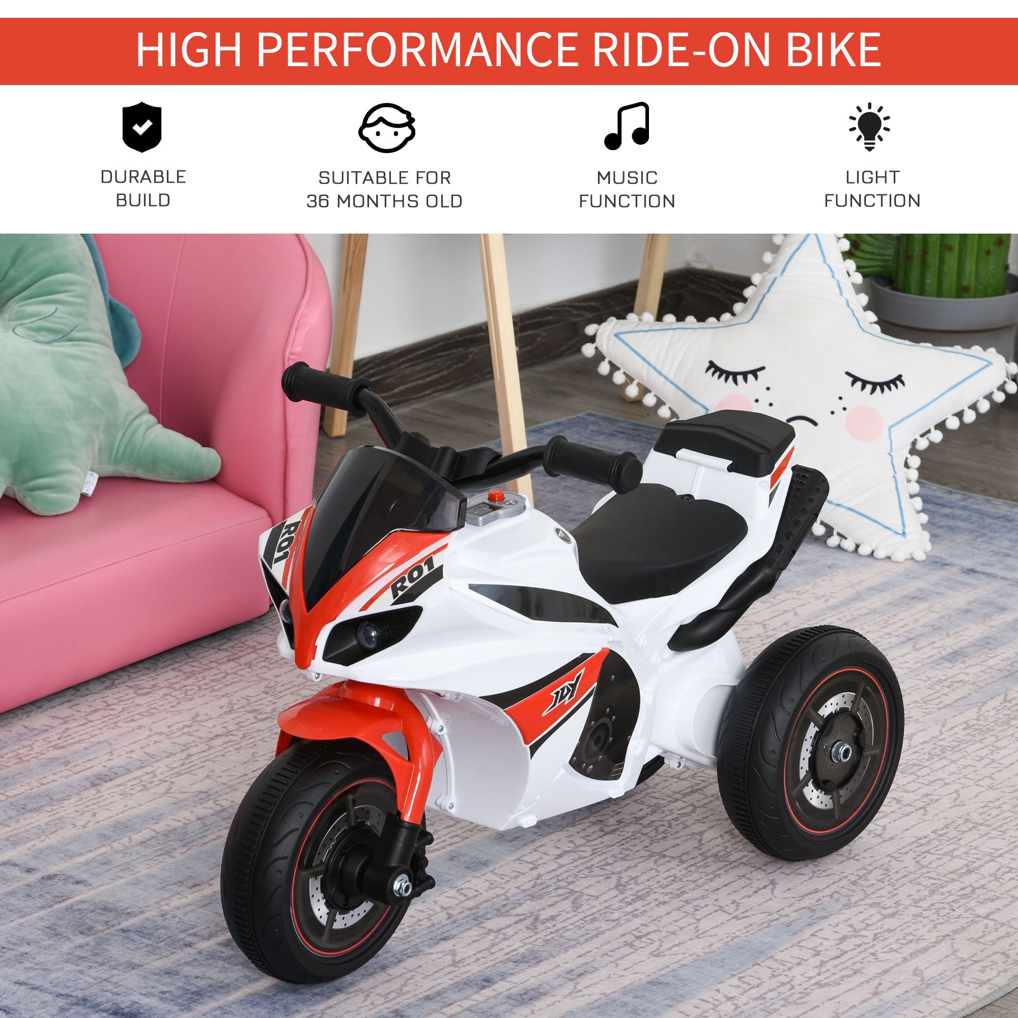 HOMCOM Toddlers 3-Wheel Plastic Motorcycle Push Walker with Music, Front Light for Kids Aged 18-36 Months ,Red/White - anydaydirect