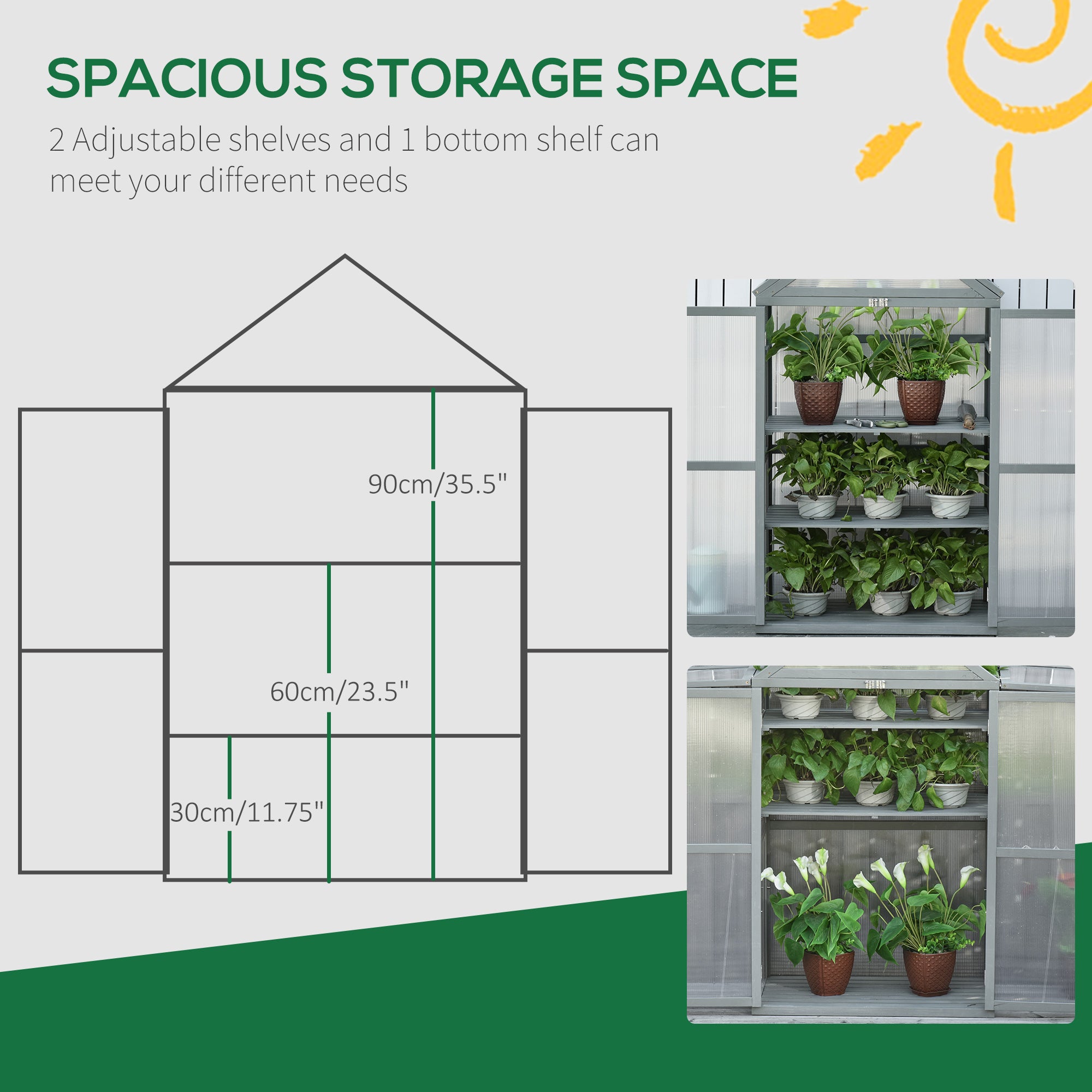 Outsunny Garden Cold Frame Polycarbonate Greenhouse with Adjustable Shelves, Double Doors, Openable Top Covers, Grow House for Flower Vegetable Plants, 80 x 47 x 138cm, Grey - anydaydirect