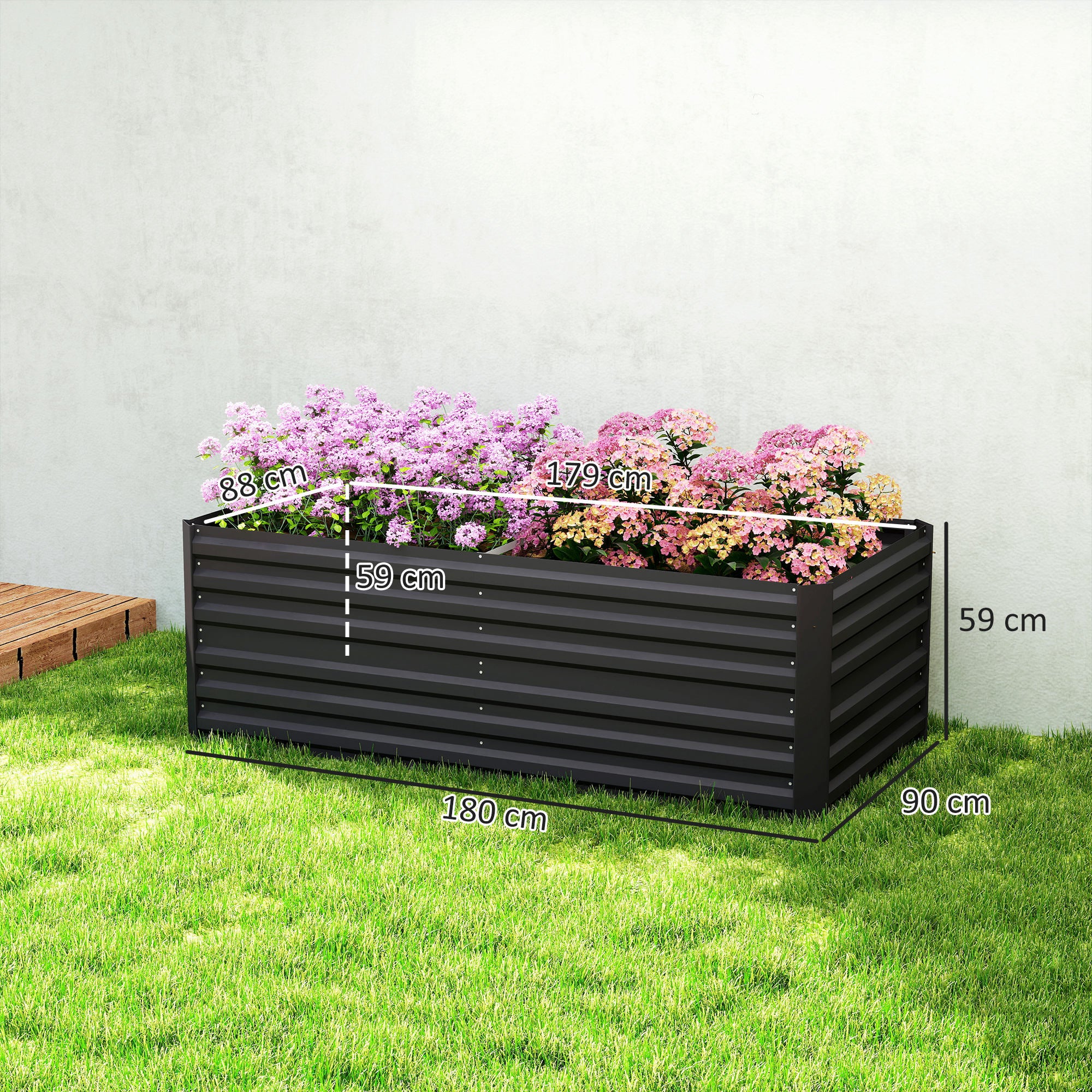Outsunny Raised Beds for Garden, Galvanised Steel Outdoor Planters with Multi-reinforced Rods, 180 x 90 x 59 cm, Black - anydaydirect