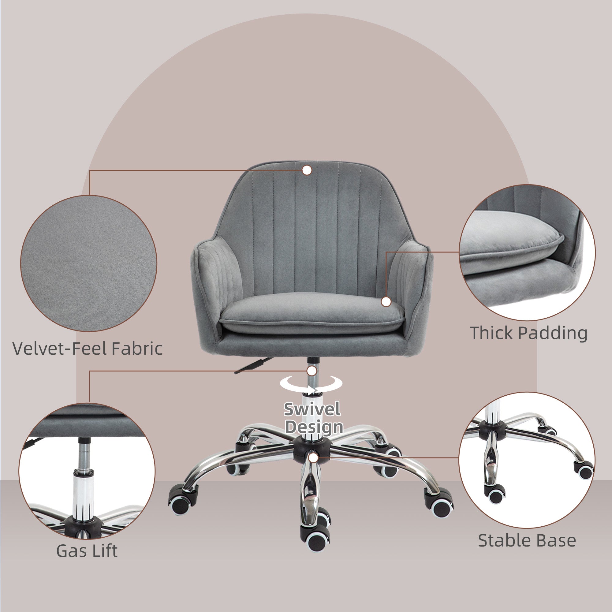 HOMCOM Office Chair, Swivel Desk Chair, Velvet-Feel Fabric Vanity Chair with Adjustable Height and Rolling Wheels for Home Work Study, Grey - anydaydirect