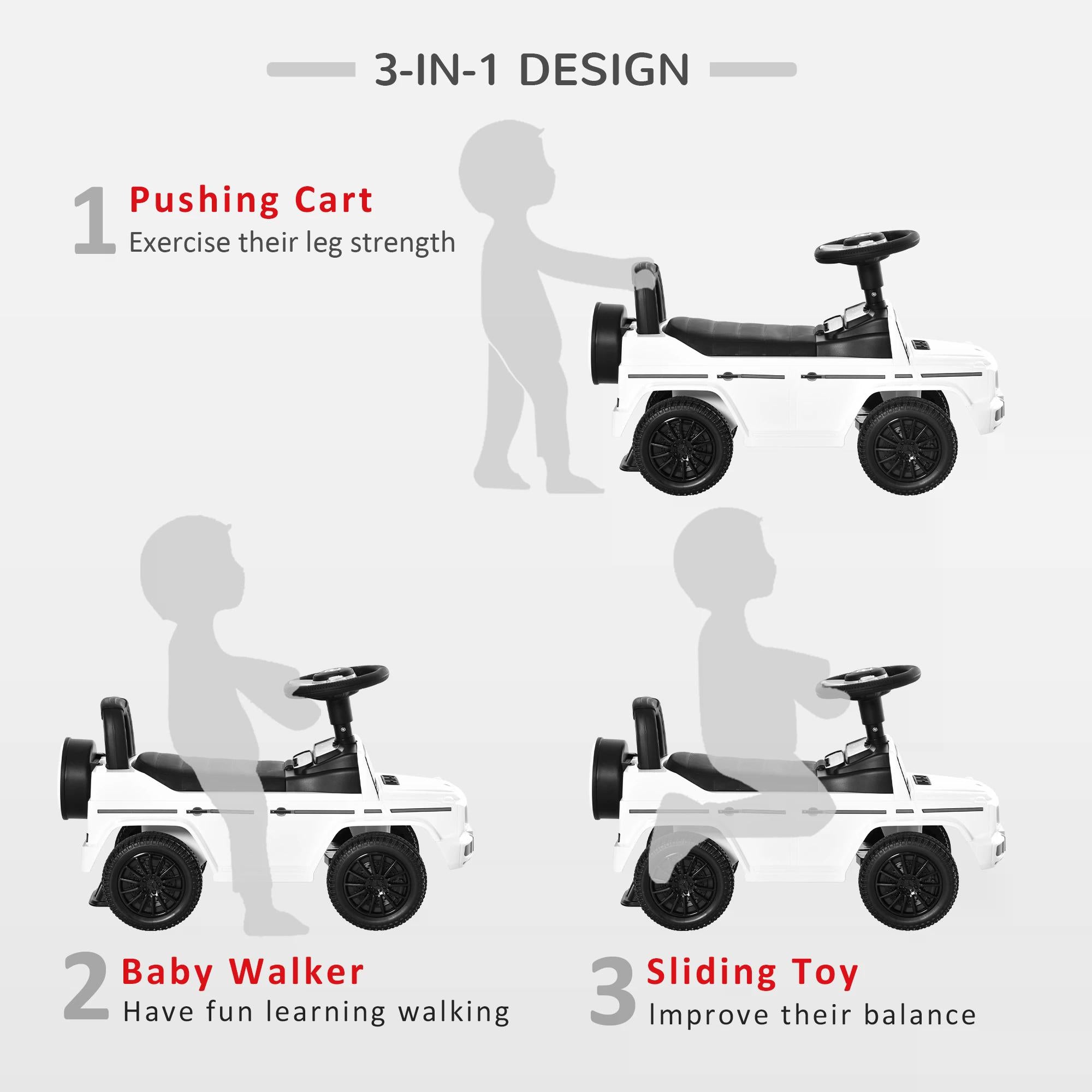 HOMCOM Mercedes-Benz G350 Baby Rider: Foot-to-Floor Slider with Push Handle, Horn & Storage, White - anydaydirect