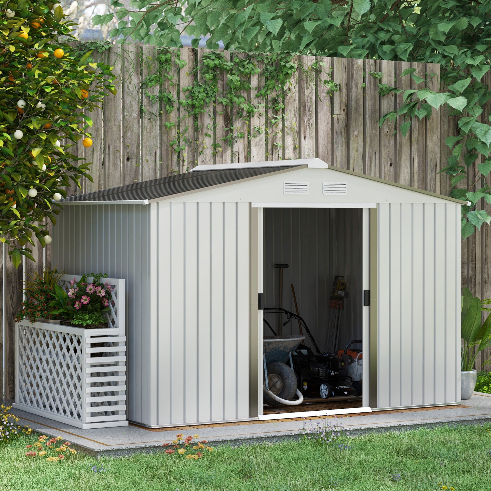 Outsunny 9 x 6FT Garden Storage Shed, Metal Outdoor Storage Shed House with Floor Foundation, Ventilation & Doors, Grey - anydaydirect