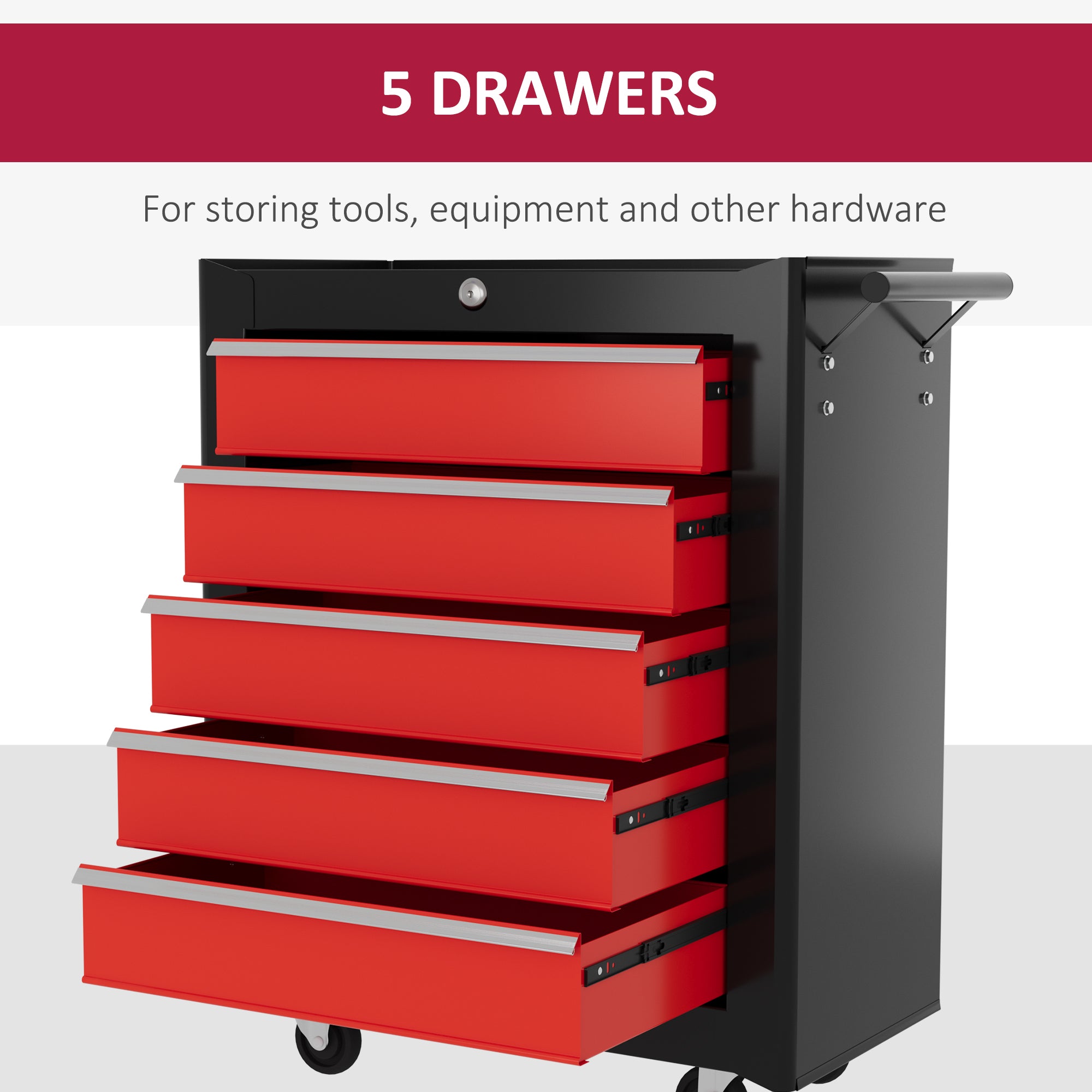 HOMCOM 5-Drawer Tool Chest with Wheels, Steel Lockable Tool Storage Cabinet with Handle, 2 Keys for Garage, Workshop, Red - anydaydirect