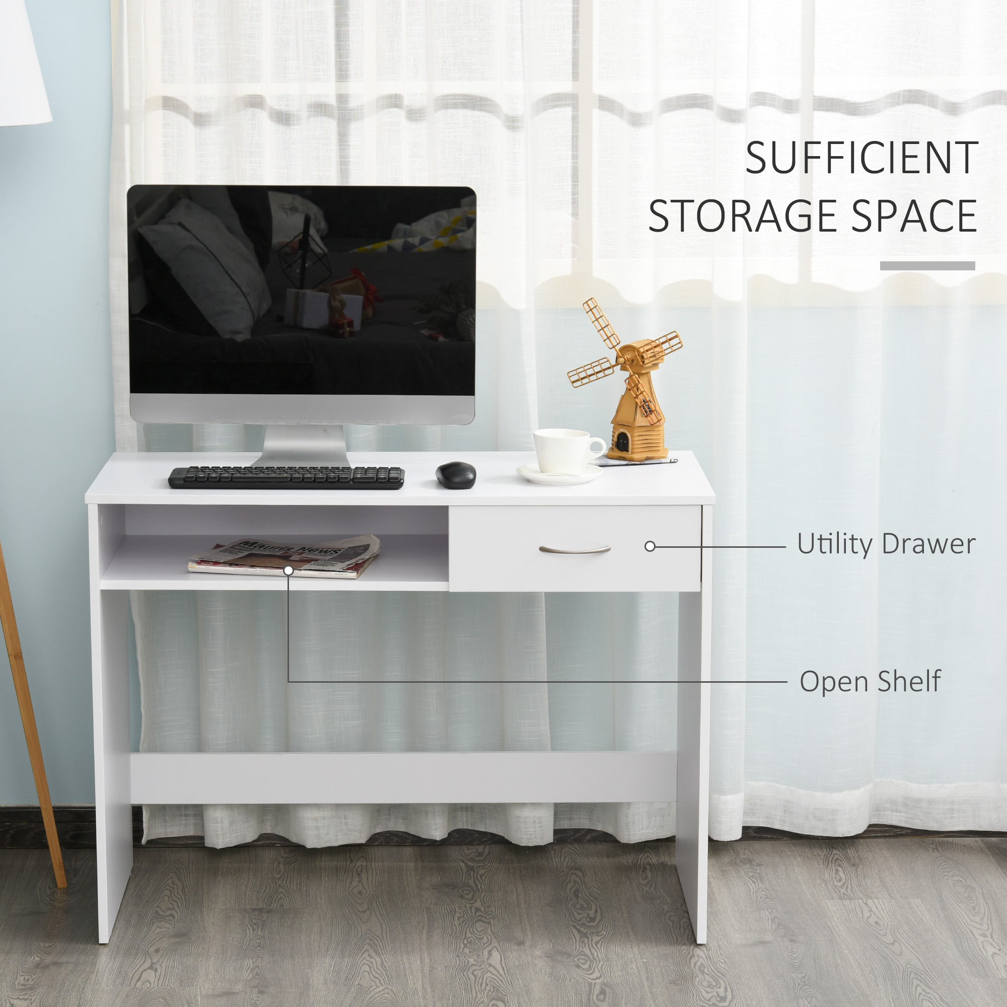HOMCOM Compact Computer Desk, Study Table with Drawer and Storage Compartment, Writing Workstation, White - anydaydirect