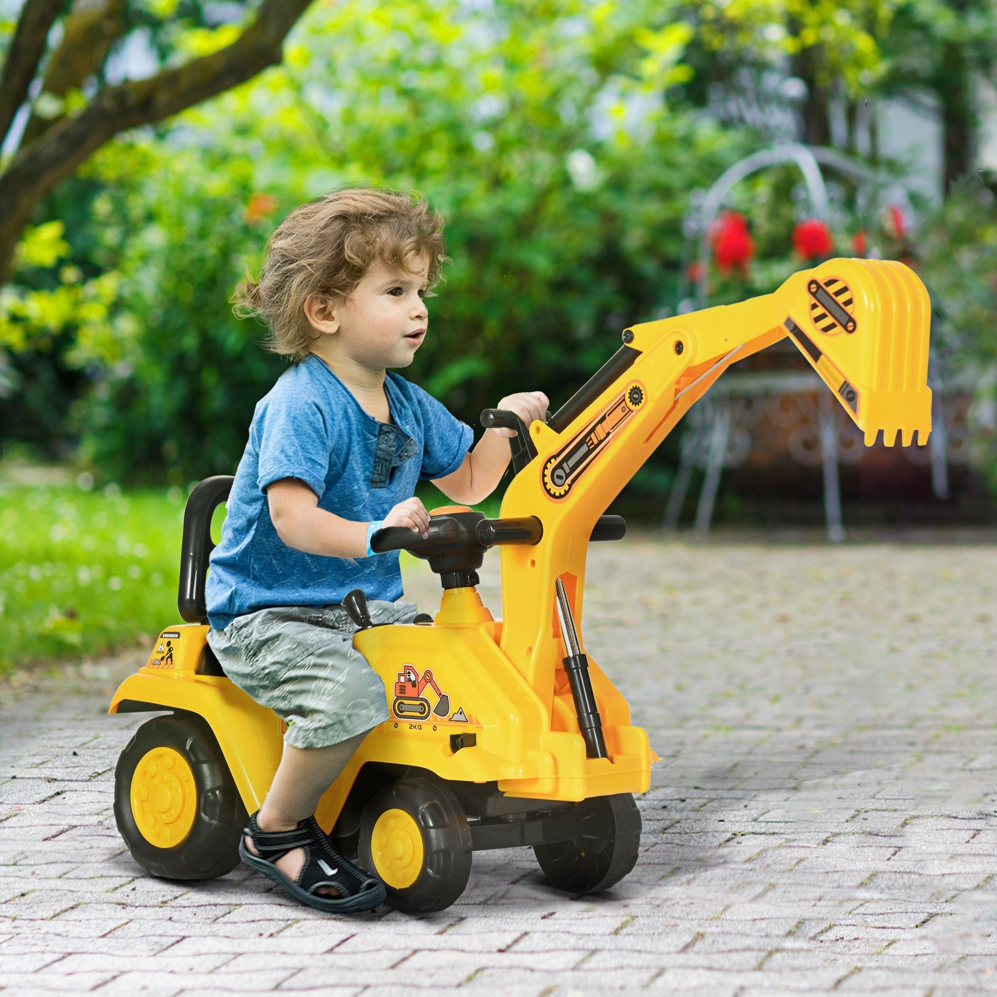 HOMCOM 2 in 1 Kids Ride On Tractor Pull Cart with Bucket, Under Seat Storage, Horn, High Backrest, for 1.5-4 Years Old, Yellow - anydaydirect