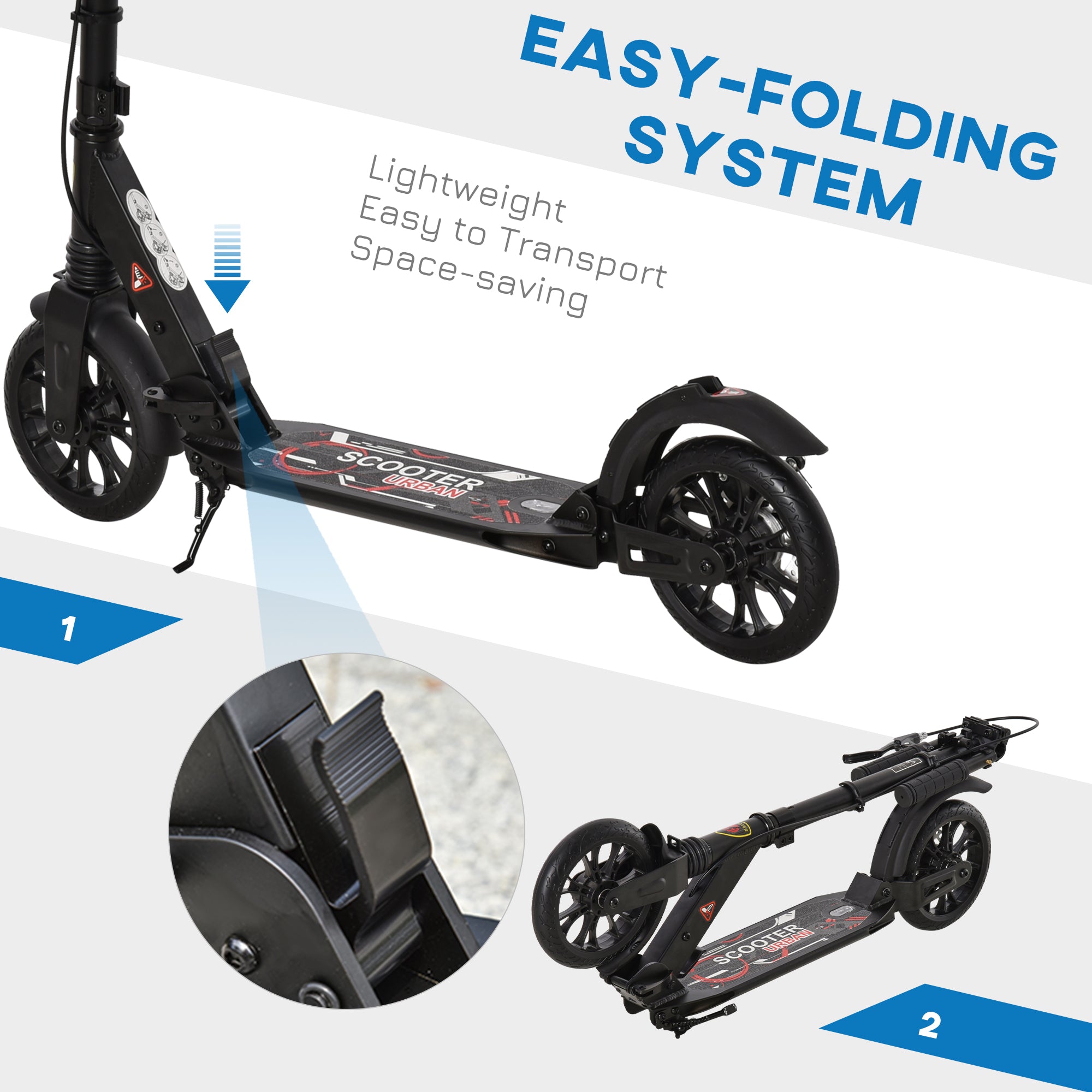 HOMCOM Adult Teens Kick Scooter Foldable Height Adjustable Aluminium Ride On Toy for 14+ w/ Rear Wheel & Hand Brake, 200mm Big Wheels, Shock Mitigation System - Black - anydaydirect