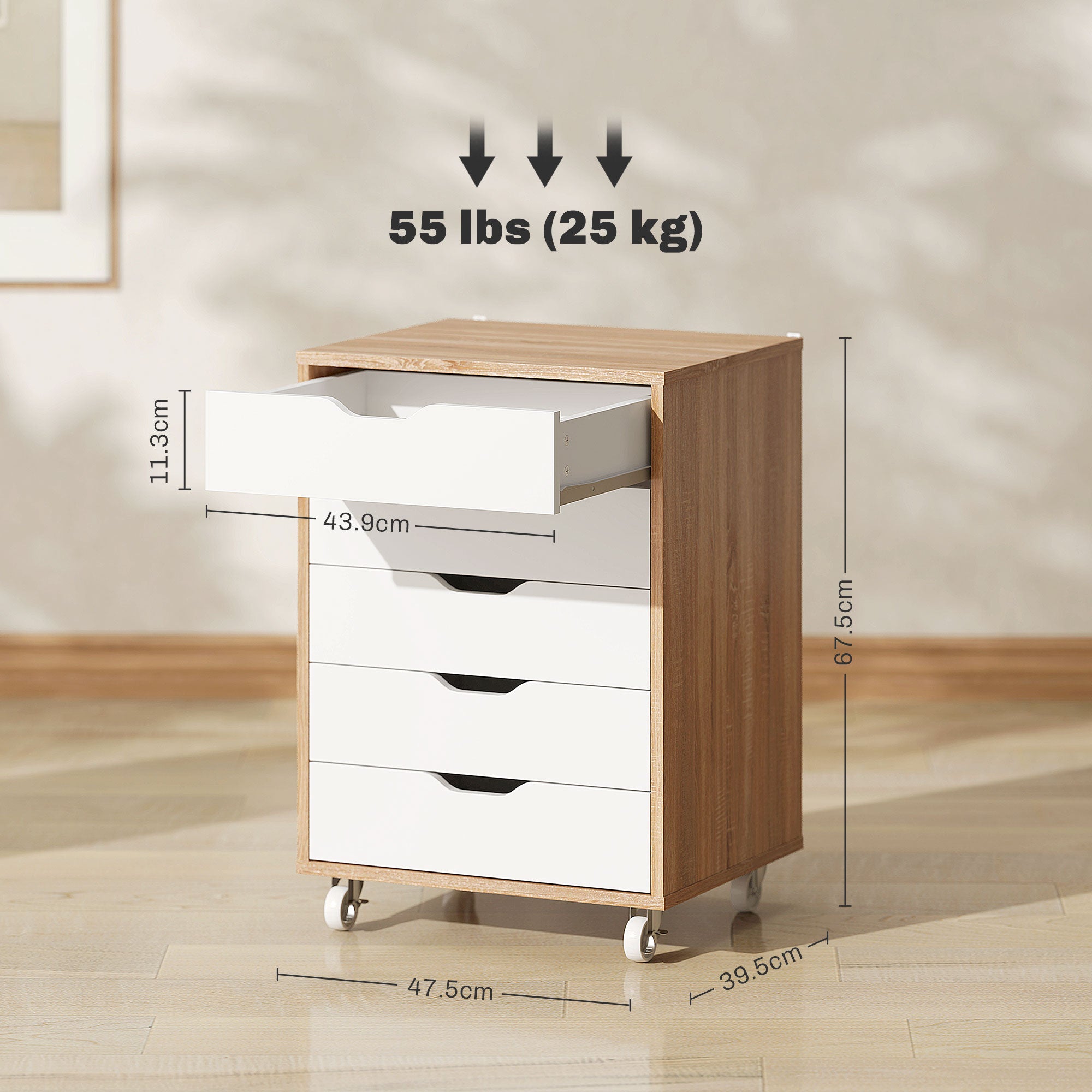Vinsetto Five-Drawer Filing Cabinet, with Wheels - Oak Brown - anydaydirect