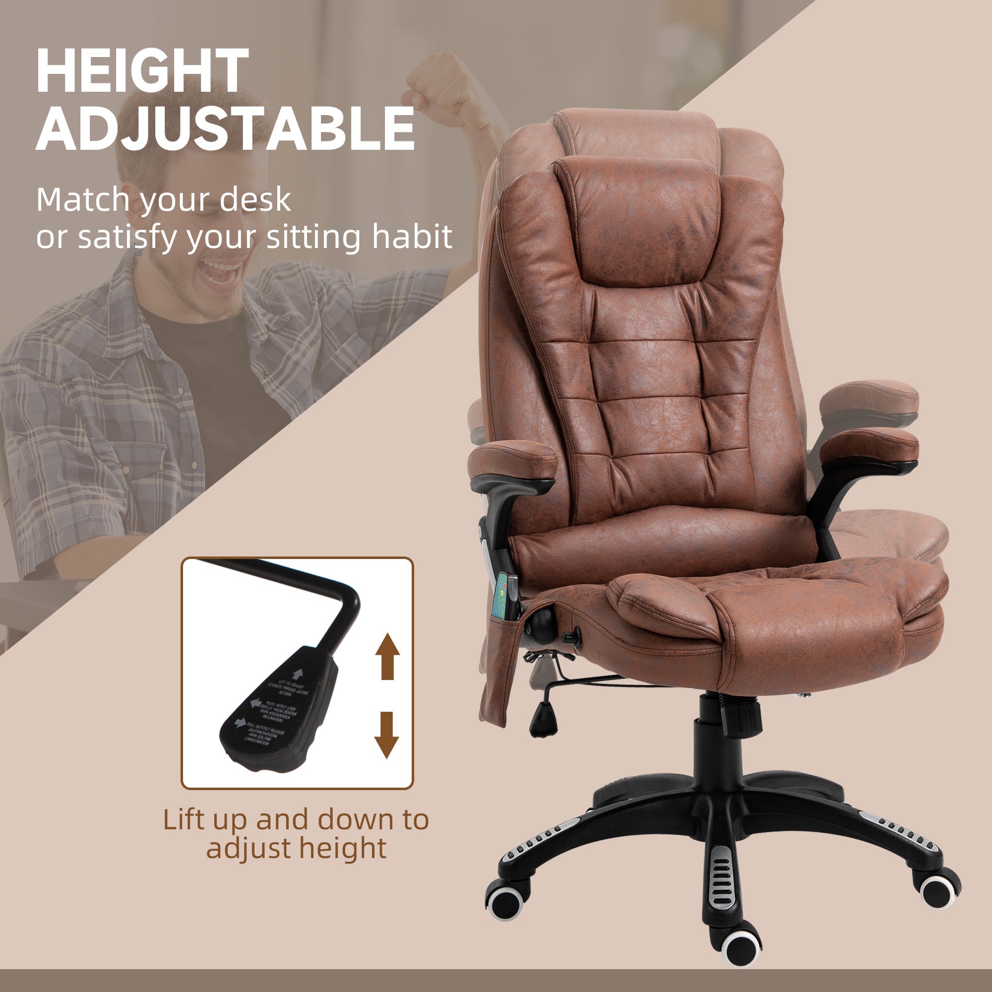 Vinsetto Massage Recliner Chair Heated Office Chair with Six Massage Points Microfiber Cloth 360° Swivel Wheels Brown - anydaydirect