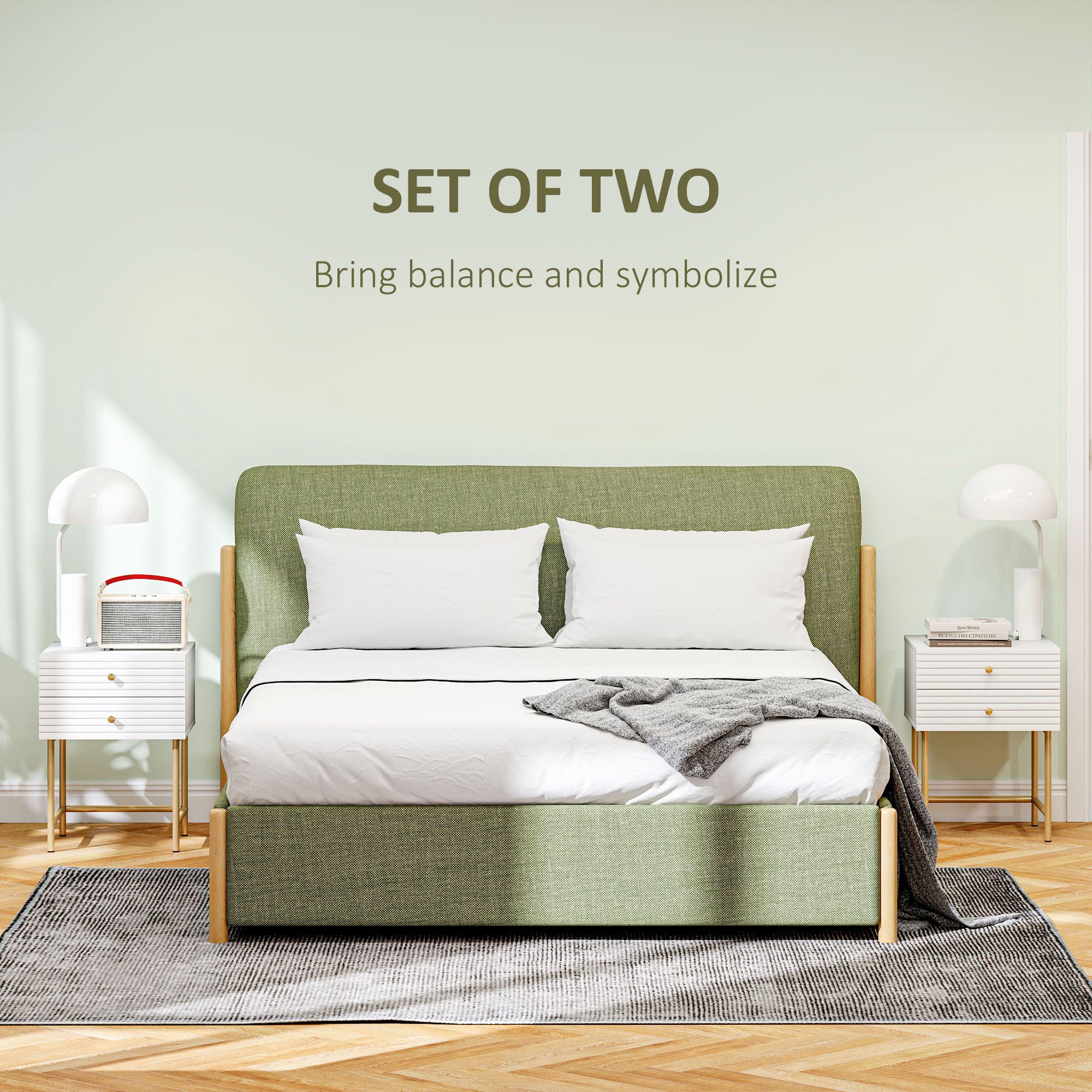 HOMCOM Set of Two Elegant Bedside Tables - White/Gold-Tone - anydaydirect