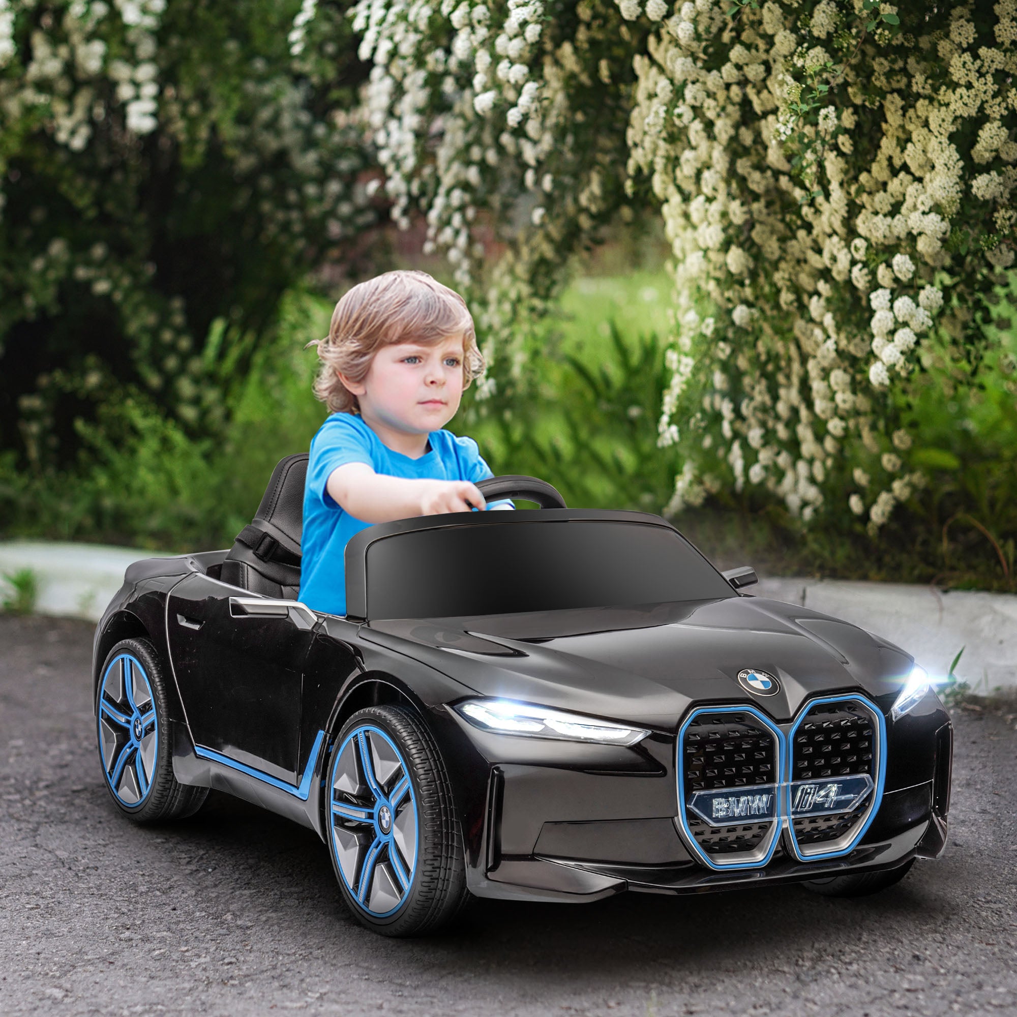 Kids Electric Ride on Car HOMCOM BMW i4 Licensed 12V Powered Electric Car w/ Remote Control, Portable Battery, Music, Horn, Headlights - anydaydirect