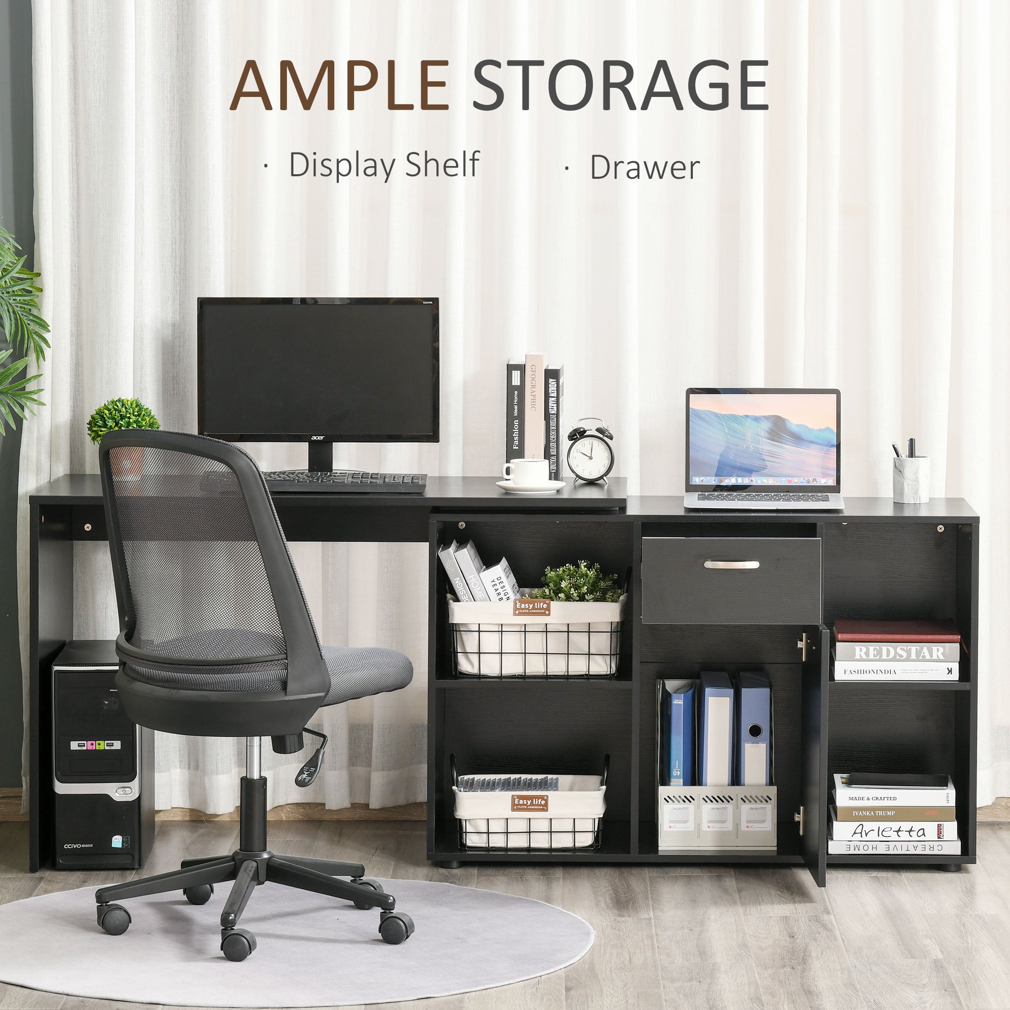 HOMCOM L-Shaped Computer Desk with Storage Compartments, Drawer and Cabinet, Laptop PC Corner Table, Home Office Workstation, 120 x 115 x 76cm, Black - anydaydirect