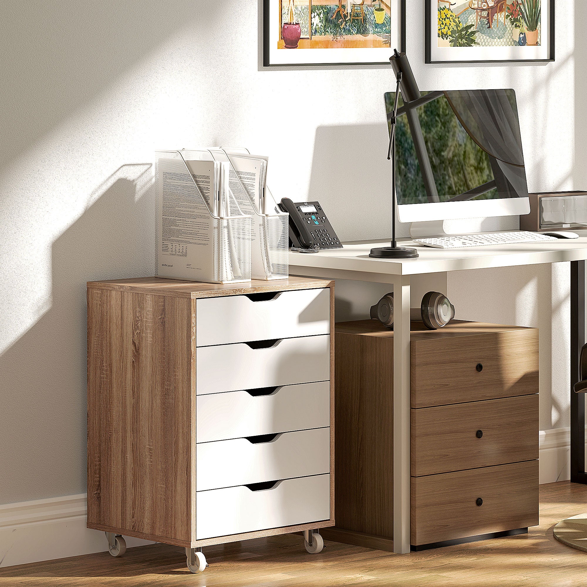 Vinsetto Five-Drawer Filing Cabinet, with Wheels - Oak Brown - anydaydirect