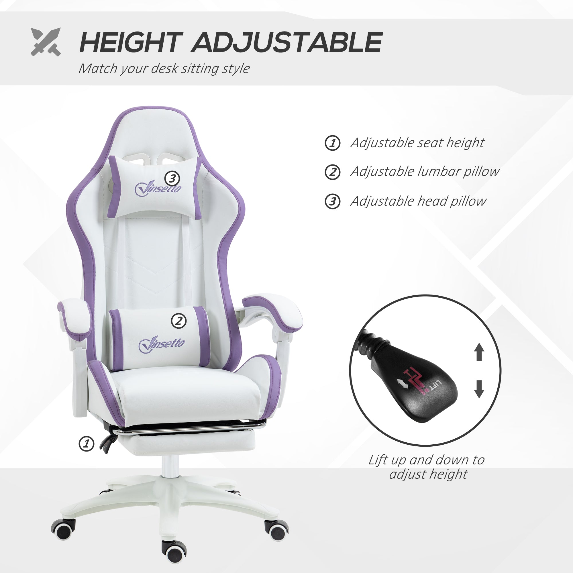 Vinsetto Computer Gaming Chair, PU Leather Desk Chair with Footrest, Swivel Task Chair with 135° Reclining Back and Lumbar Support, PC Chair for Adults, White and Purple - anydaydirect