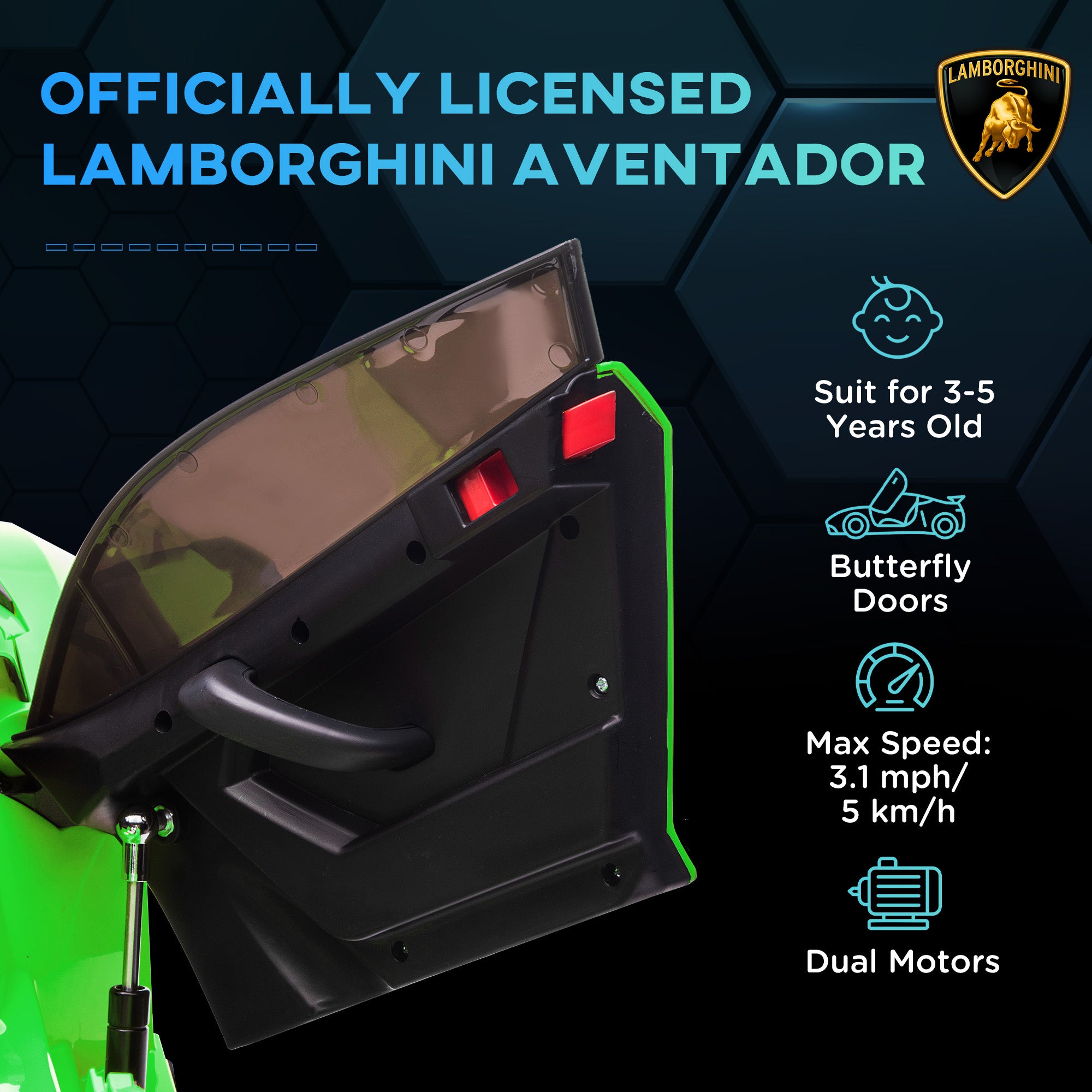 HOMCOM Lamborghini Licensed 12V Kids Electric Car w/ Butterfly Doors, Easy Transport Remote, Music, Horn, Suspension - Green - anydaydirect