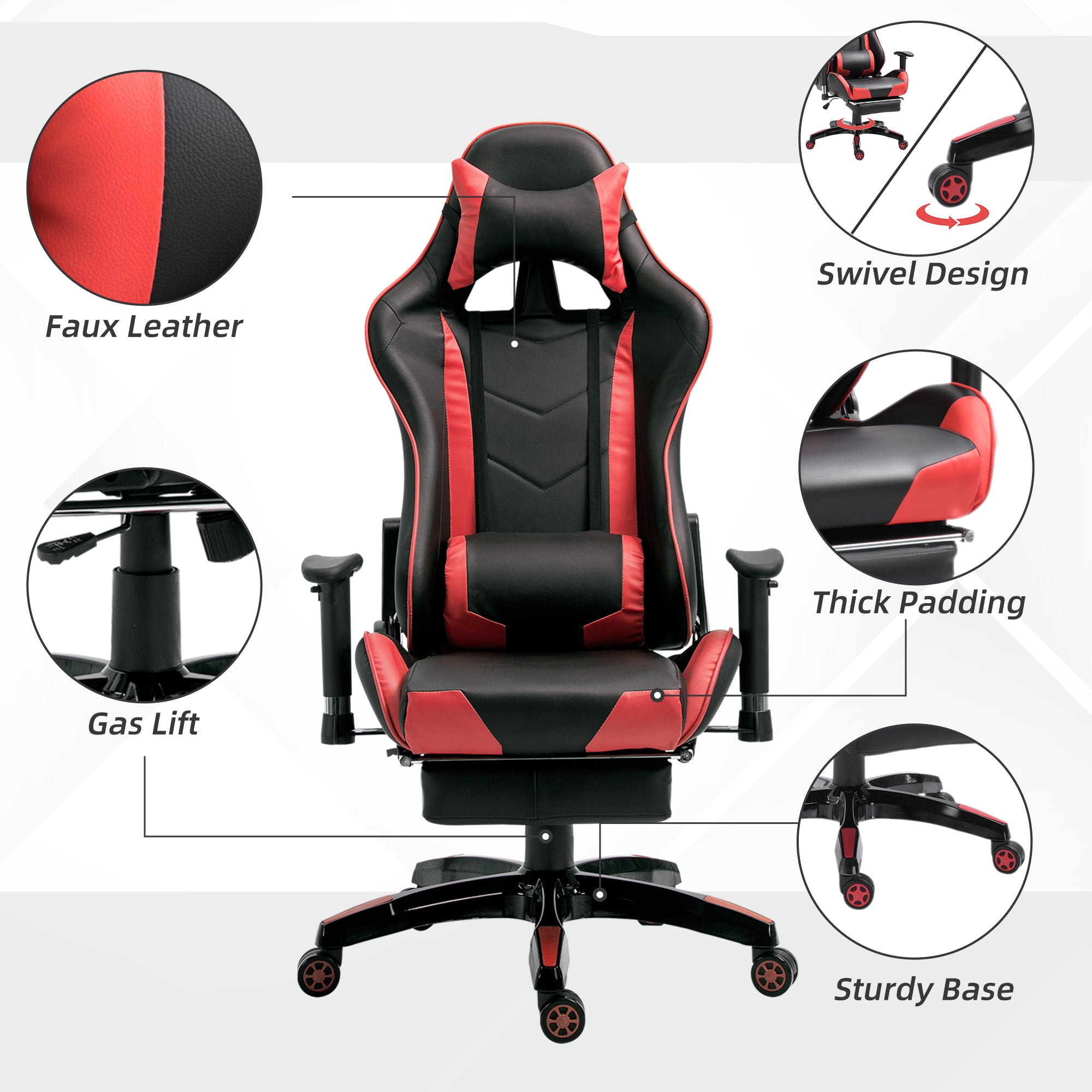 HOMCOM High-Back Gaming Chair Swivel Home Office Computer Racing Gamer Recliner Chair Faux Leather with Footrest, Wheels, Red Black - anydaydirect