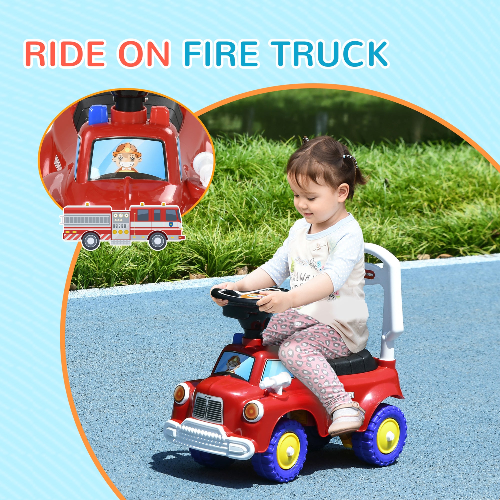AIYAPLAY Ride On Fire Truck Foot to Floor Design with Under Seat Storage, Steering Wheel, Music, Light, for 1.5-3 Years, Red - anydaydirect