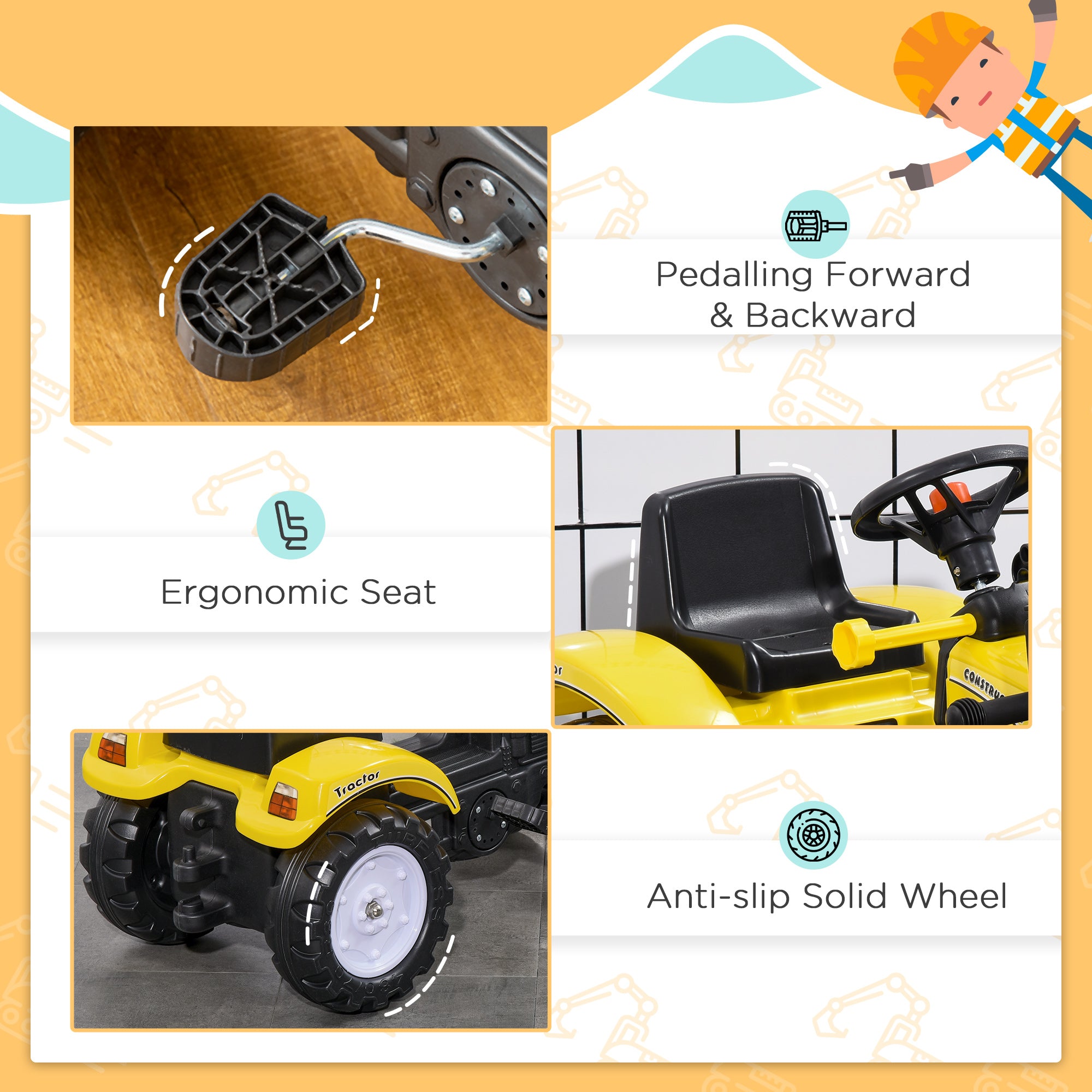 HOMCOM Pedal Go Kart Ride On Excavator W/ Front Loader Digger Four Wheels Child Toy, for 3 Years Old - anydaydirect