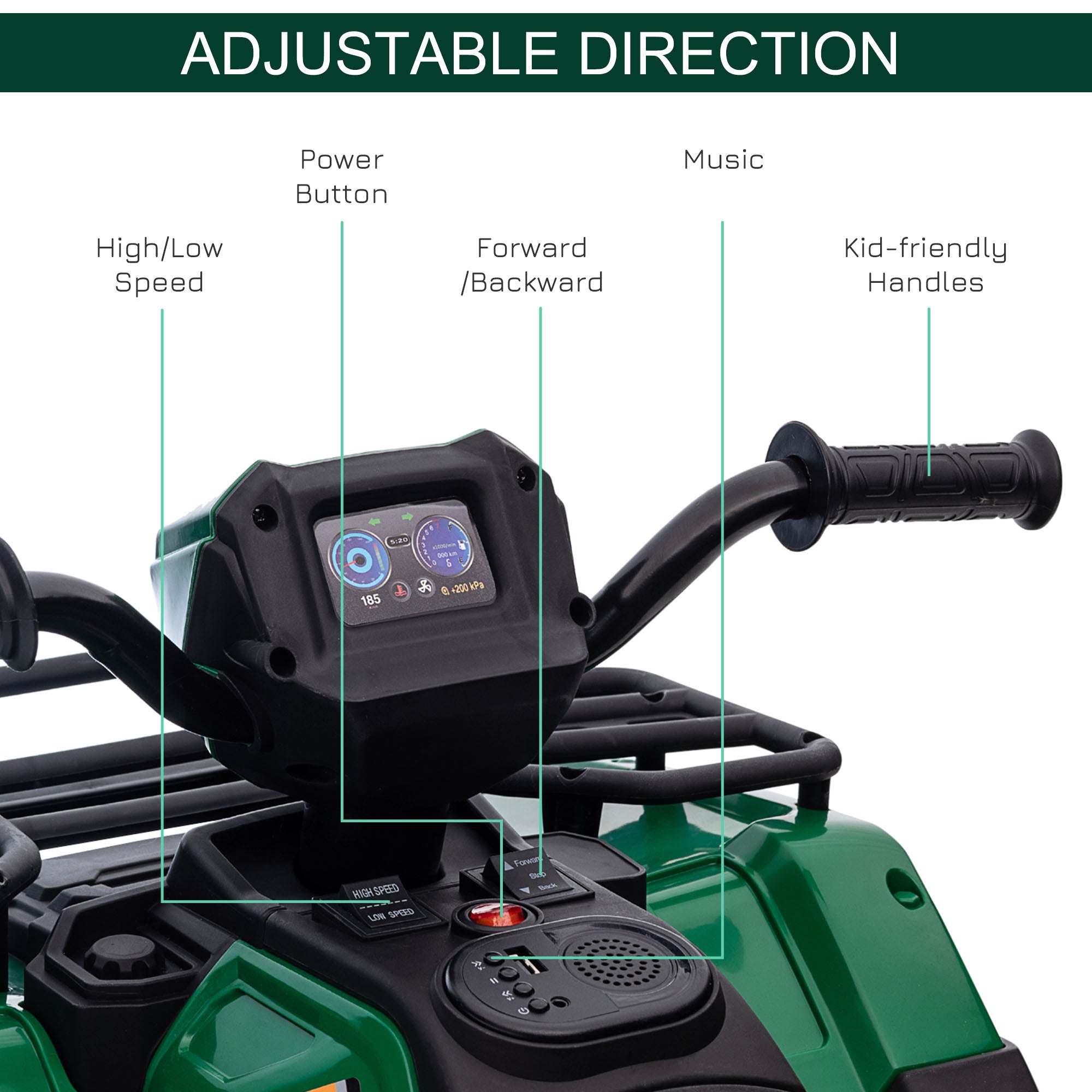 HOMCOM 12V Kids Quad Bike with Forward Reverse Functions, Electric Ride On ATV with Music, LED Headlights, for Ages 3-5 Years - Green - anydaydirect