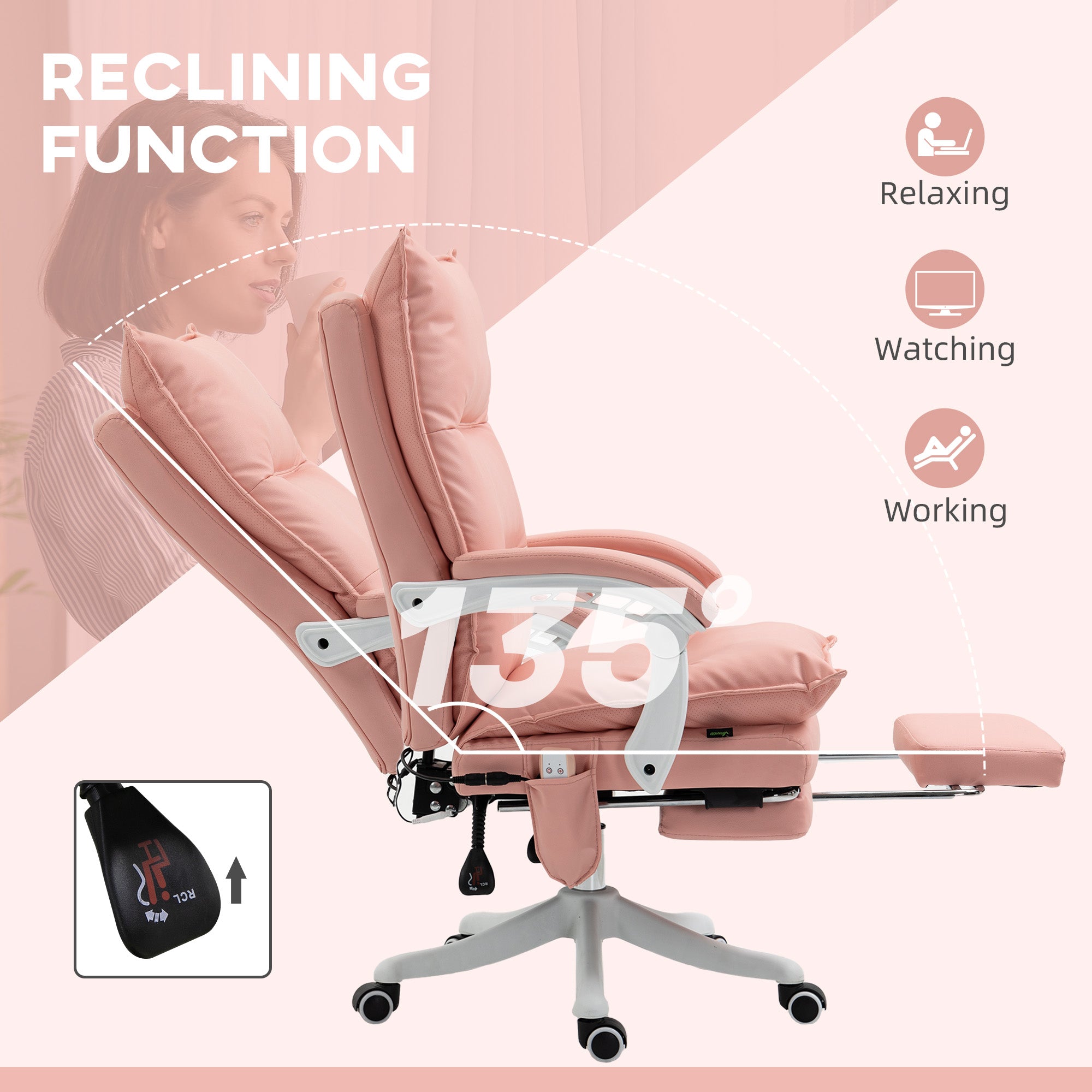 Vinsetto Vibration Massage Office Chair with Heat, Ergonomic Computer Desk Chairs, Faux Leather Desk Chair with Footrest, Armrest and Reclining Backrest, Pink - anydaydirect